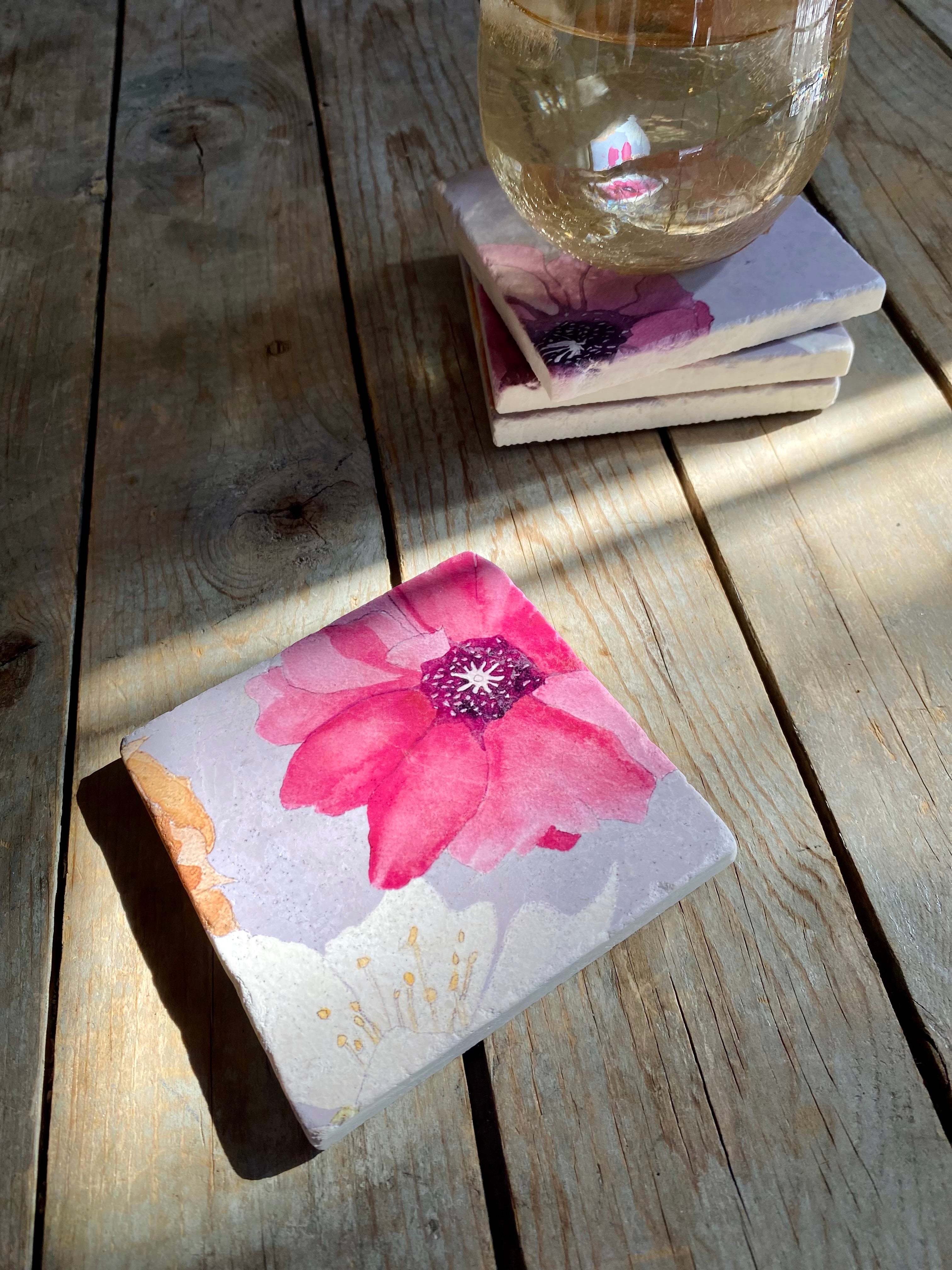 Coaster Set: Cactus Flowers on Grey