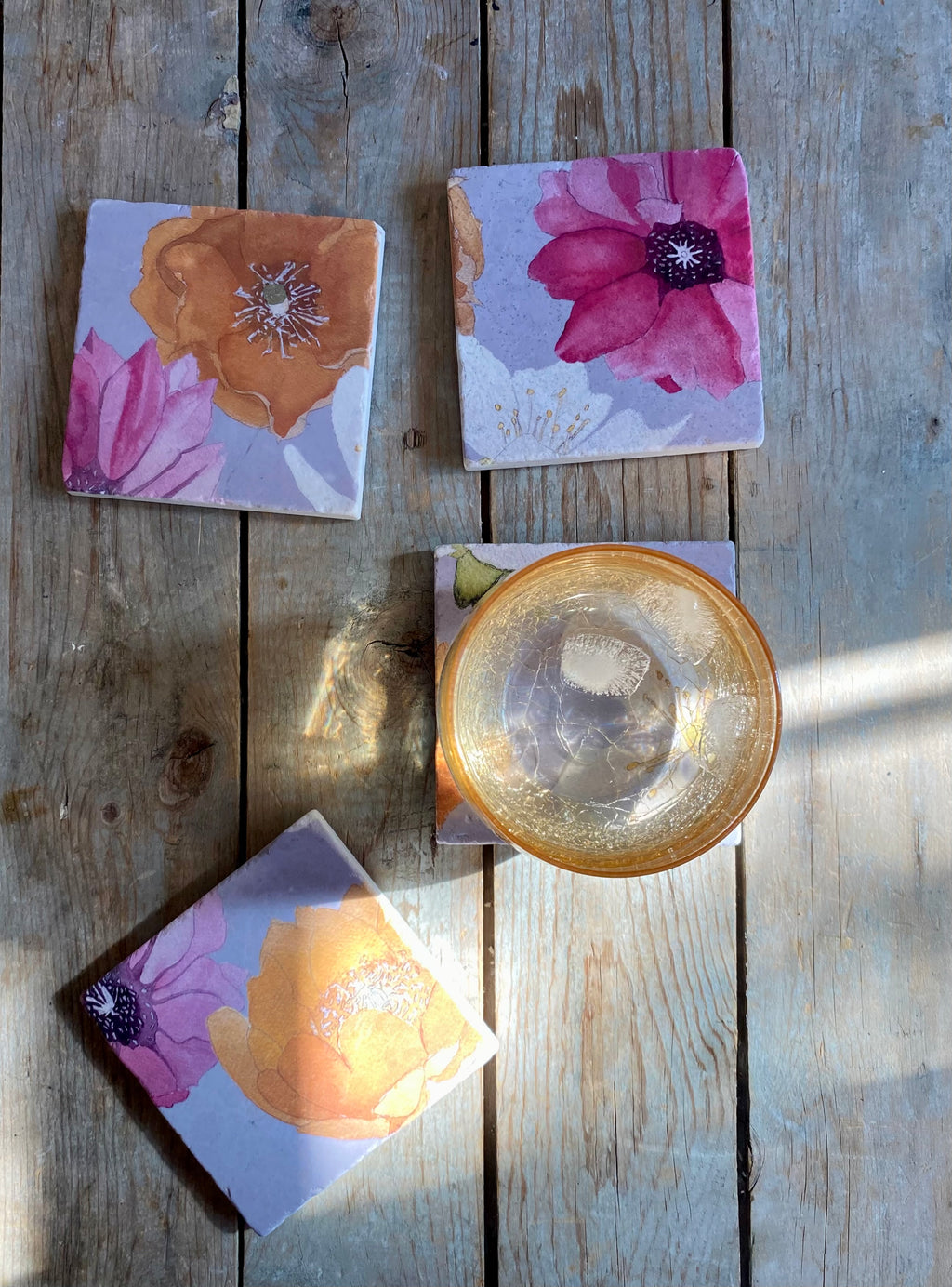 Coaster Set: Cactus Flowers on Grey