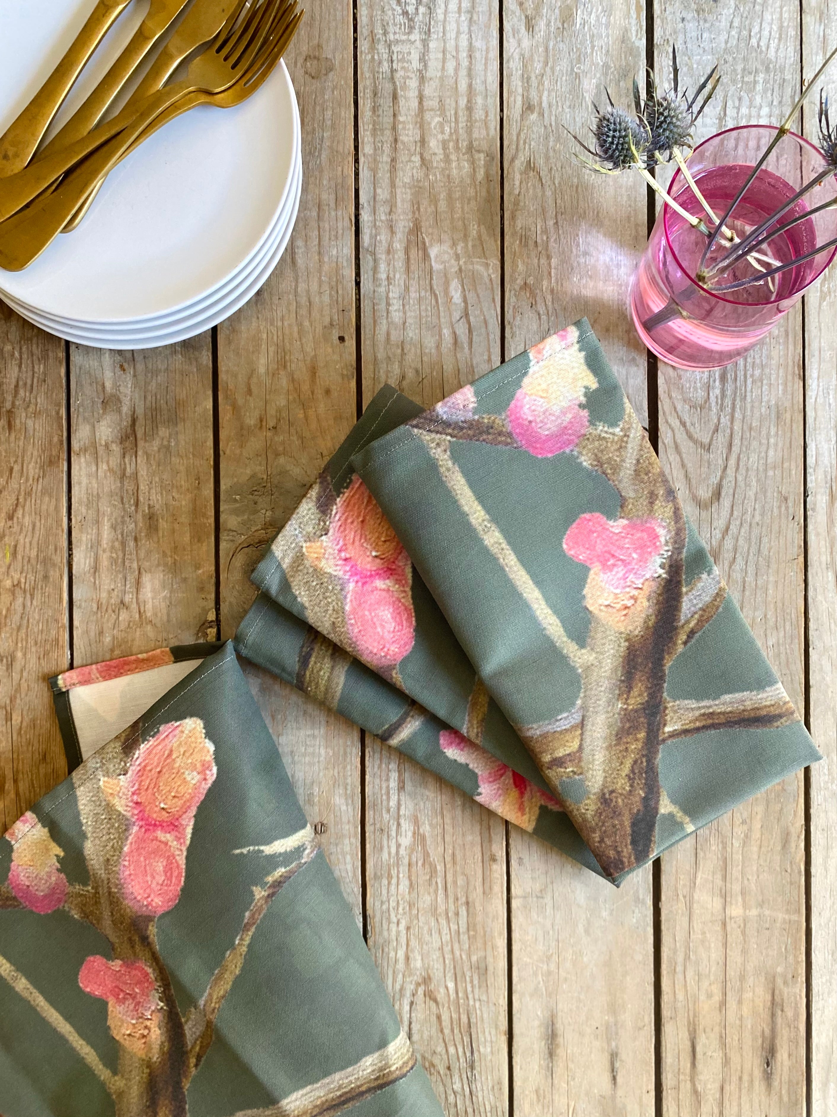 Napkin Set: Tree with Pink Flowers on Dark Grey