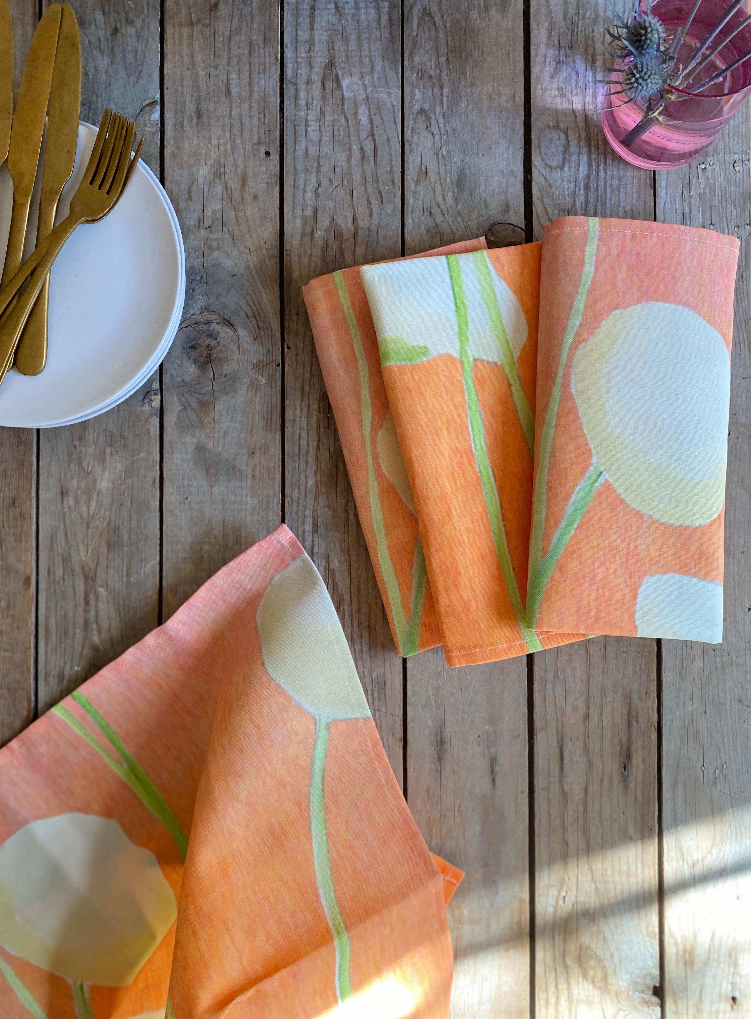 Napkin Set: Cream Flowers on Orange