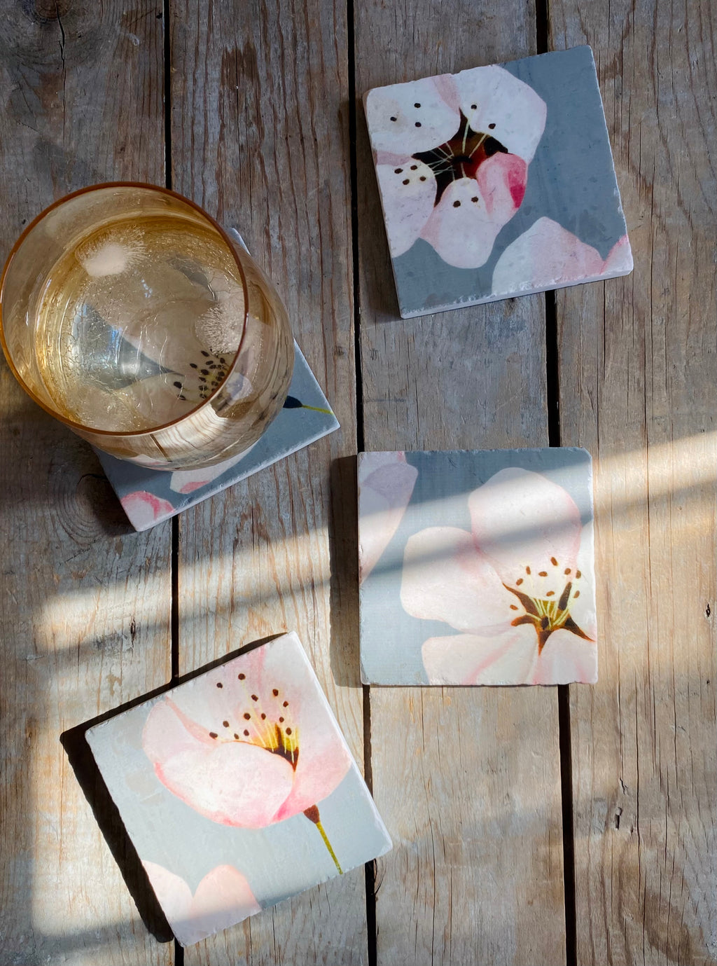Coaster Set: Cherry Blossoms on Grey