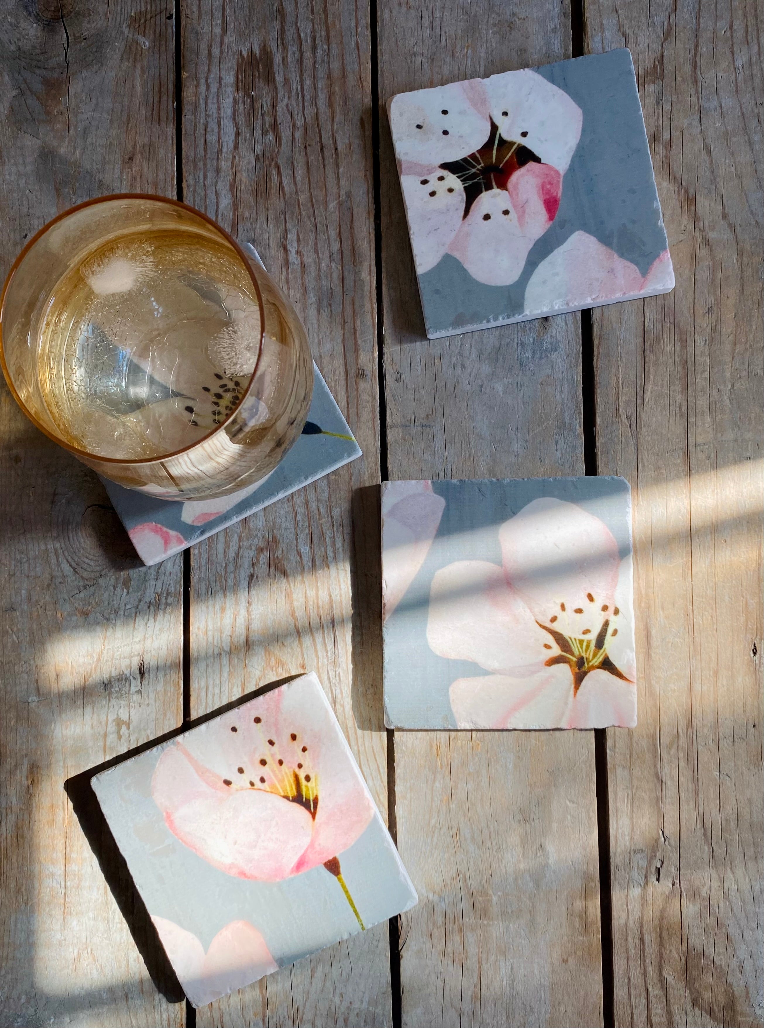 Coaster Set: Cherry Blossoms on Grey