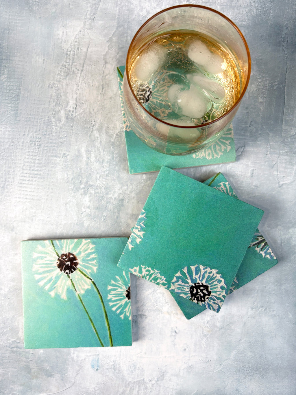 Coaster Set: Dandelions on Aqua
