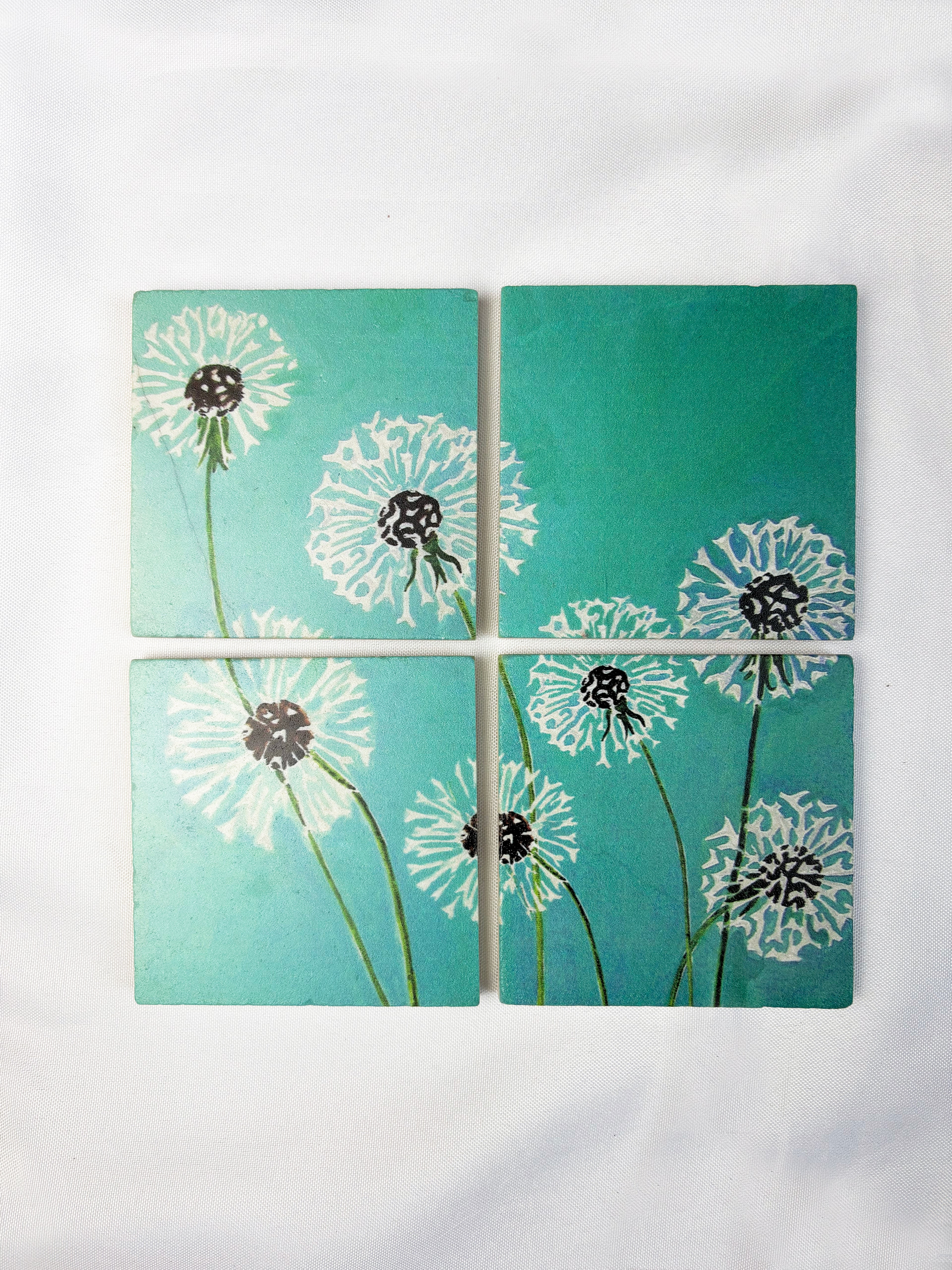 Coaster Set: Dandelions on Aqua