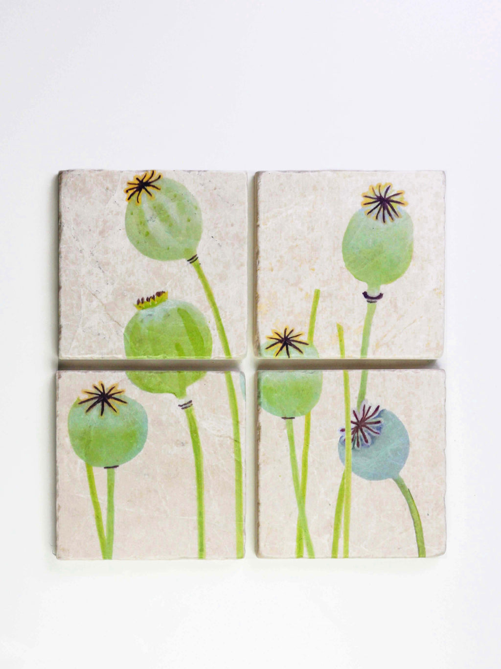 Coaster Set: Poppy Pods on Ecru