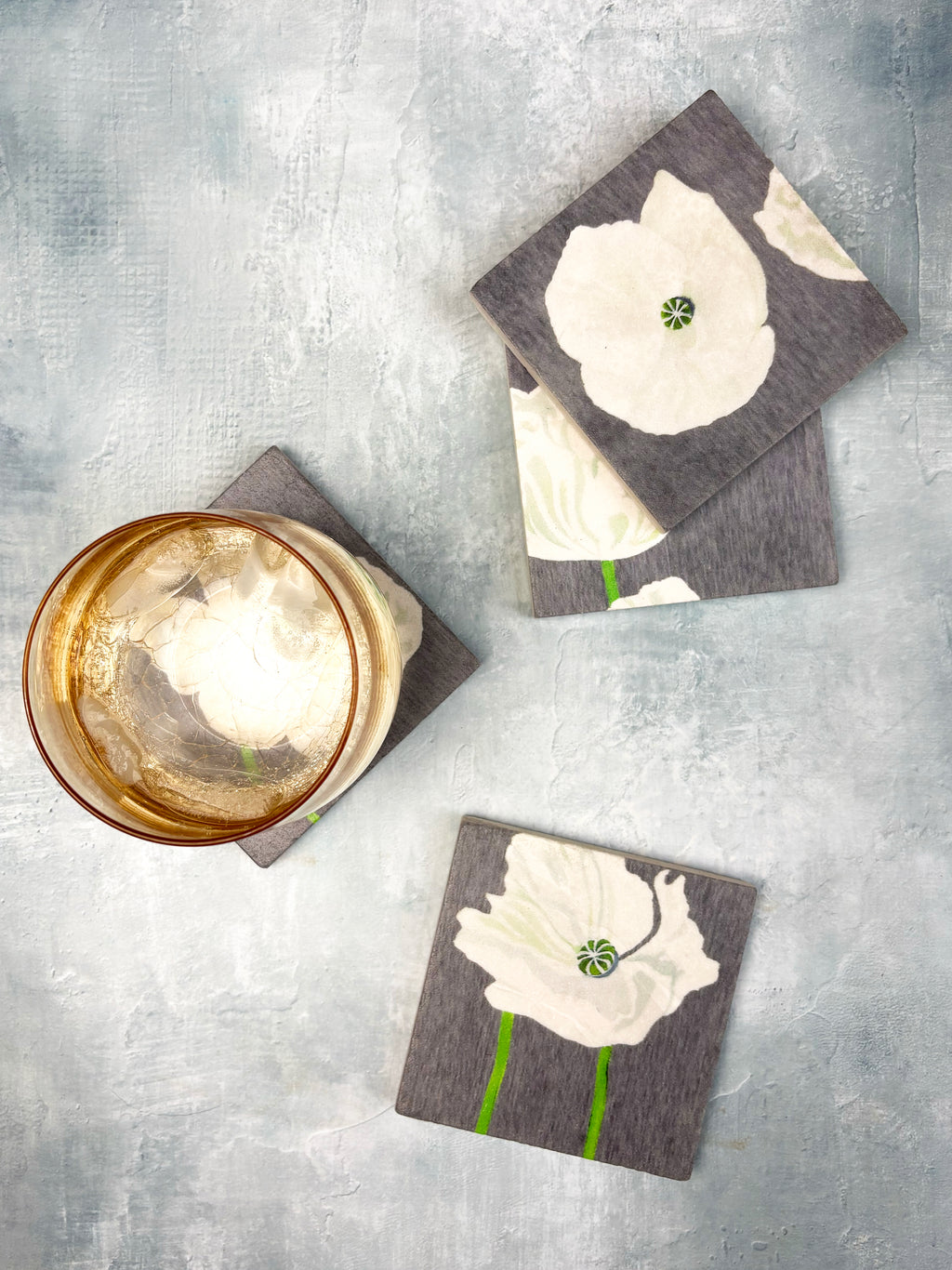Coaster Set: White Poppies on Grey