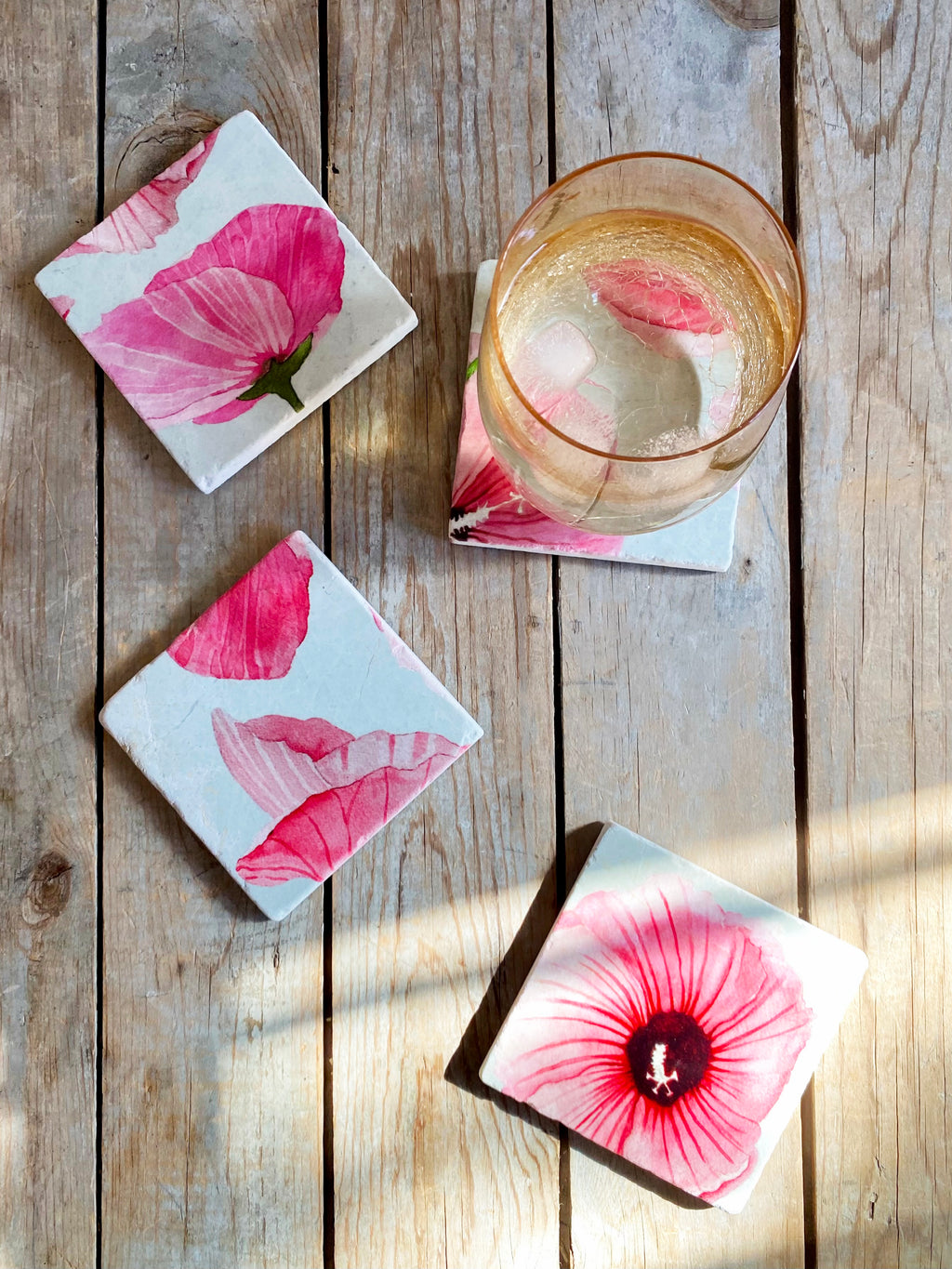 Coaster Set: Rose of Sharon on Taupe