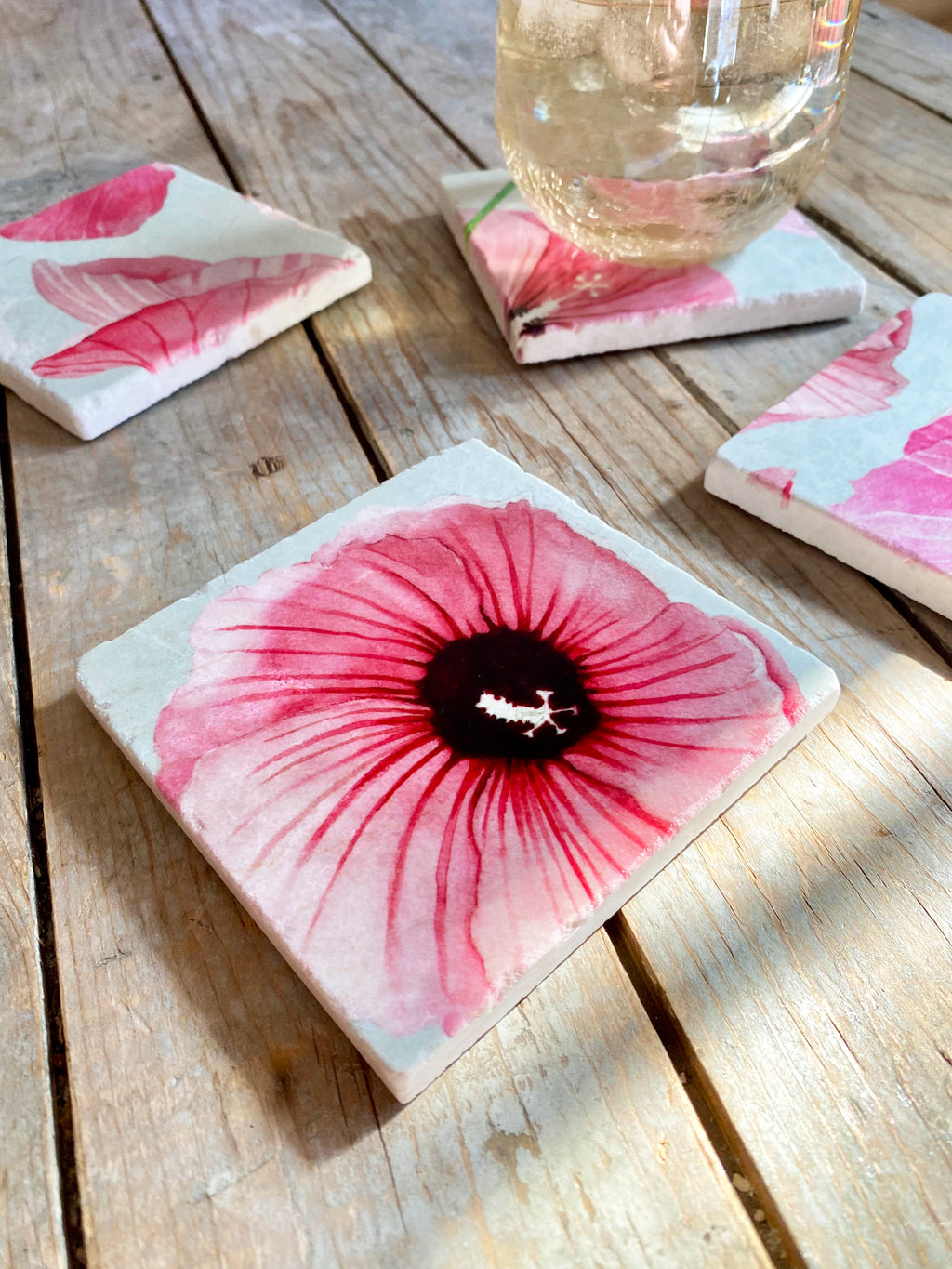 Coaster Set: Rose of Sharon on Taupe