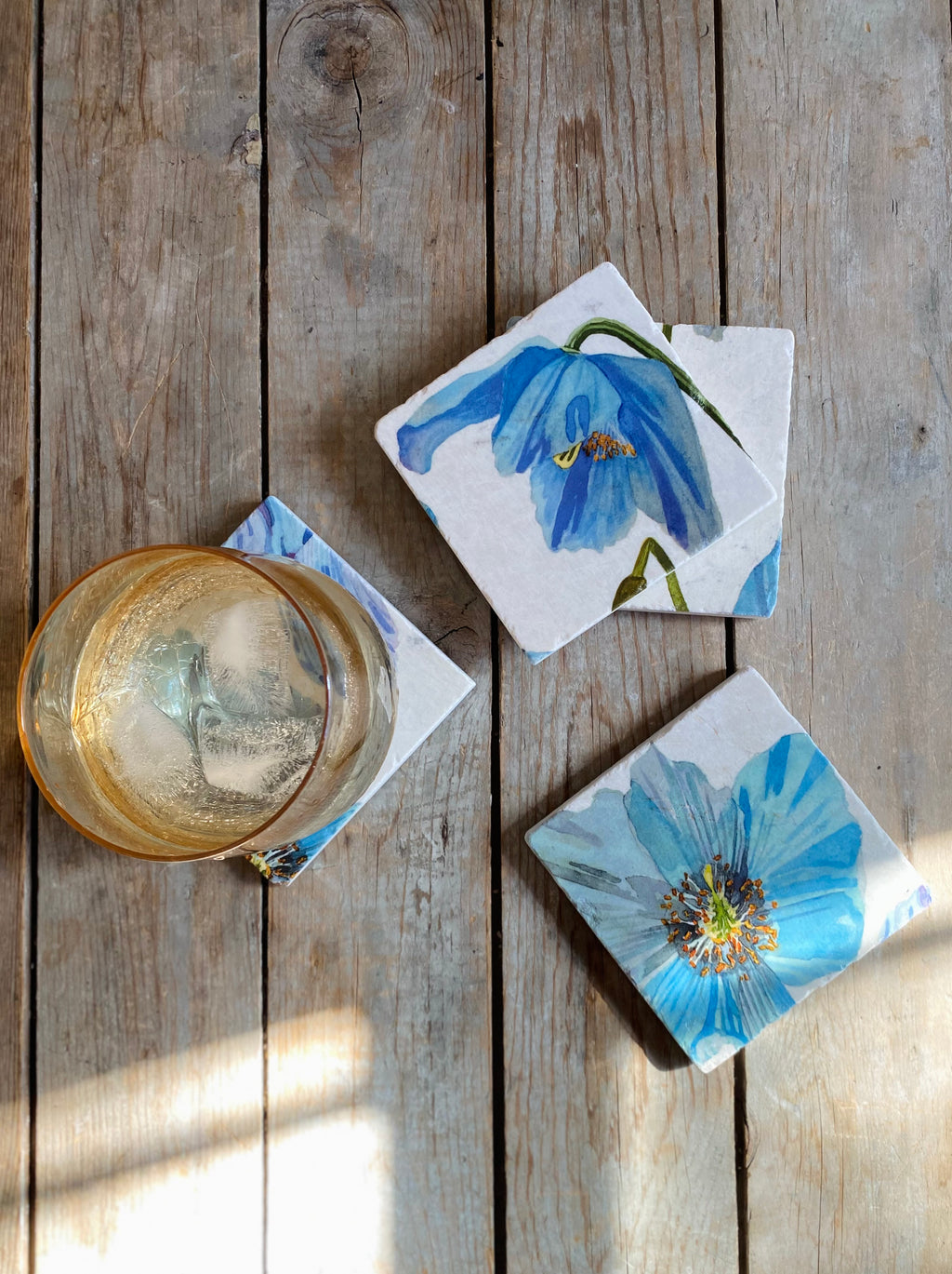 Coaster Set: Himalayan Blue Poppies on Ecru