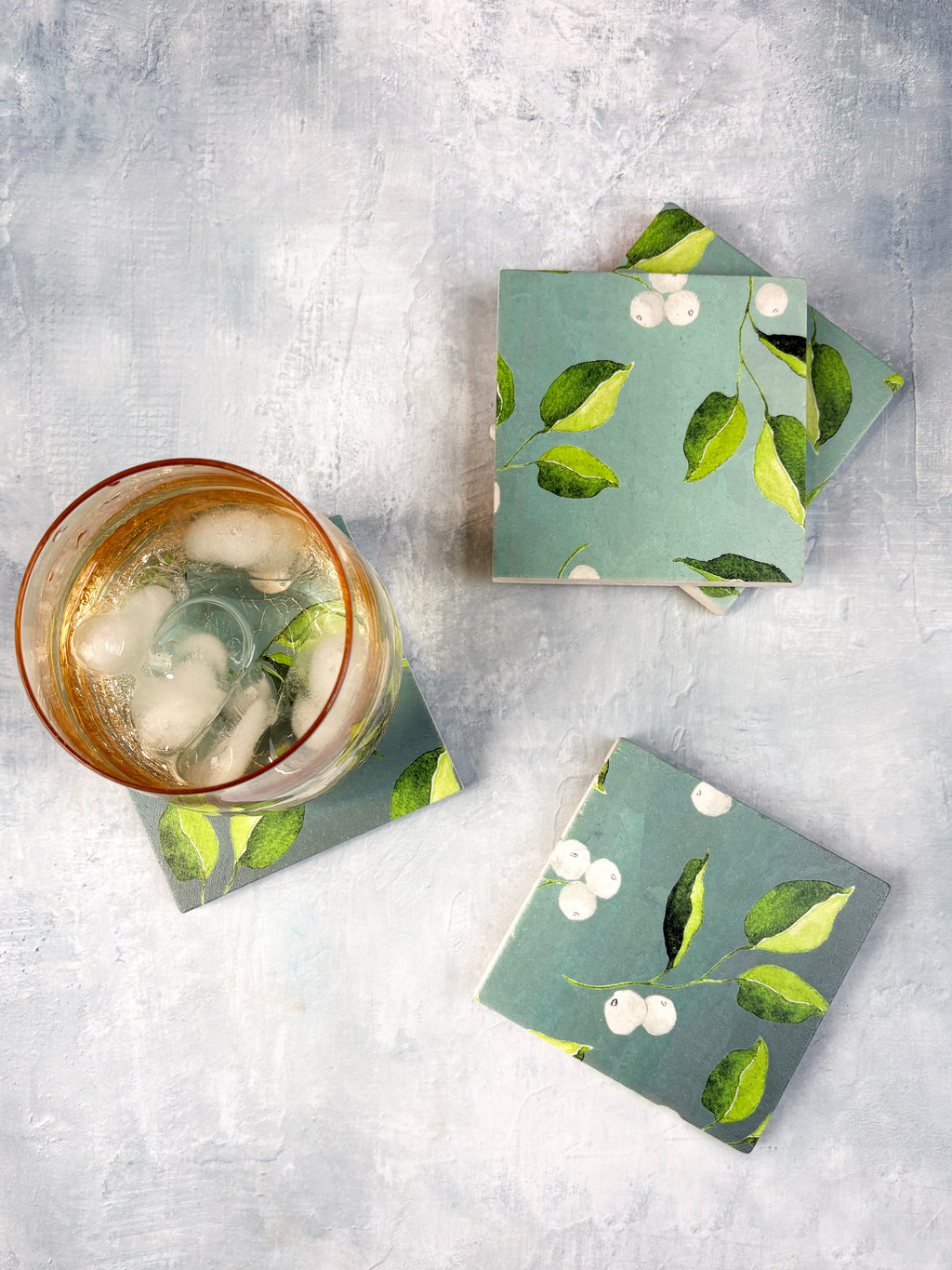 Coaster Set: White Berries and Leaves