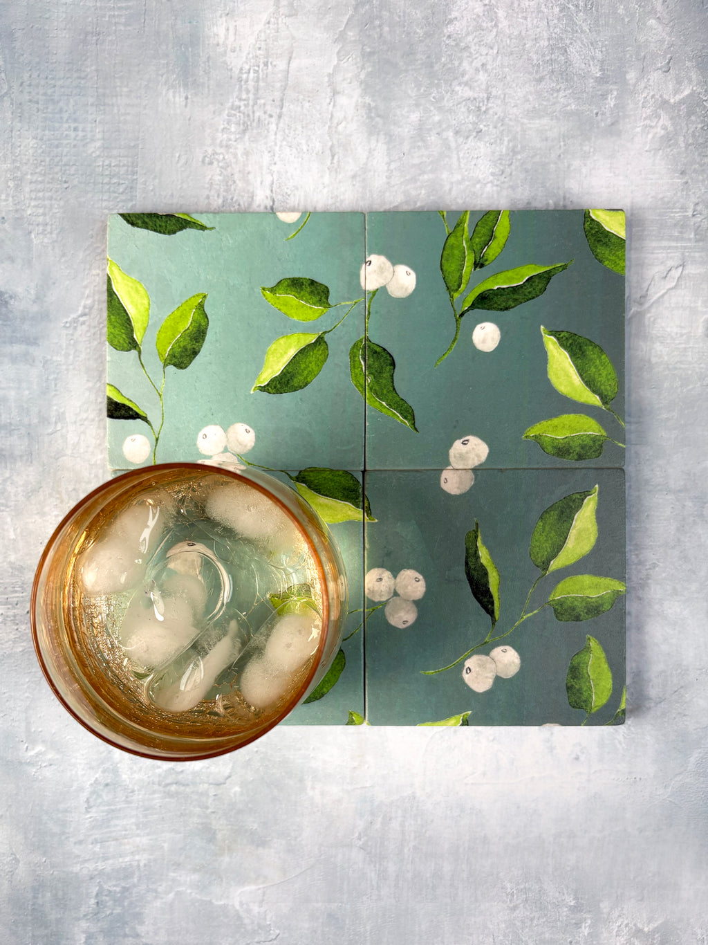 Coaster Set: White Berries and Leaves