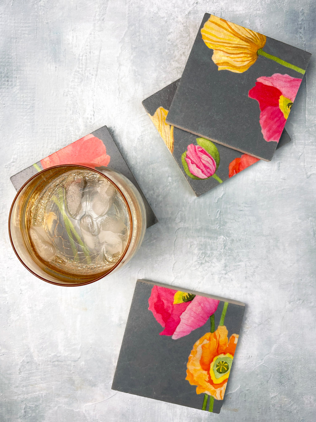 Coaster Set: Mixed Poppies on Grey
