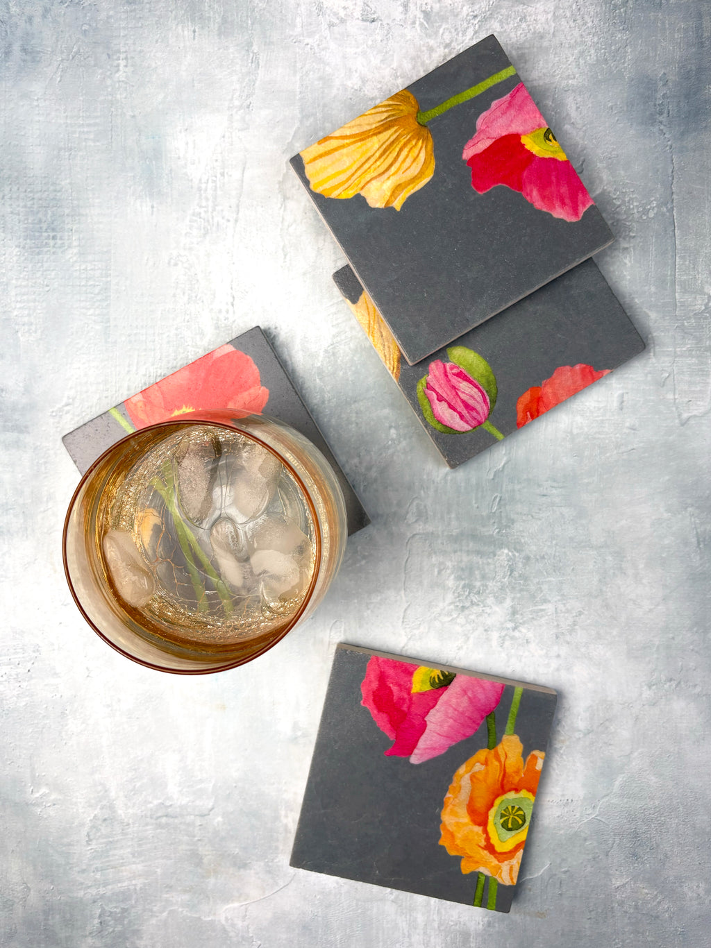 Coaster Set: Mixed Poppies on Grey