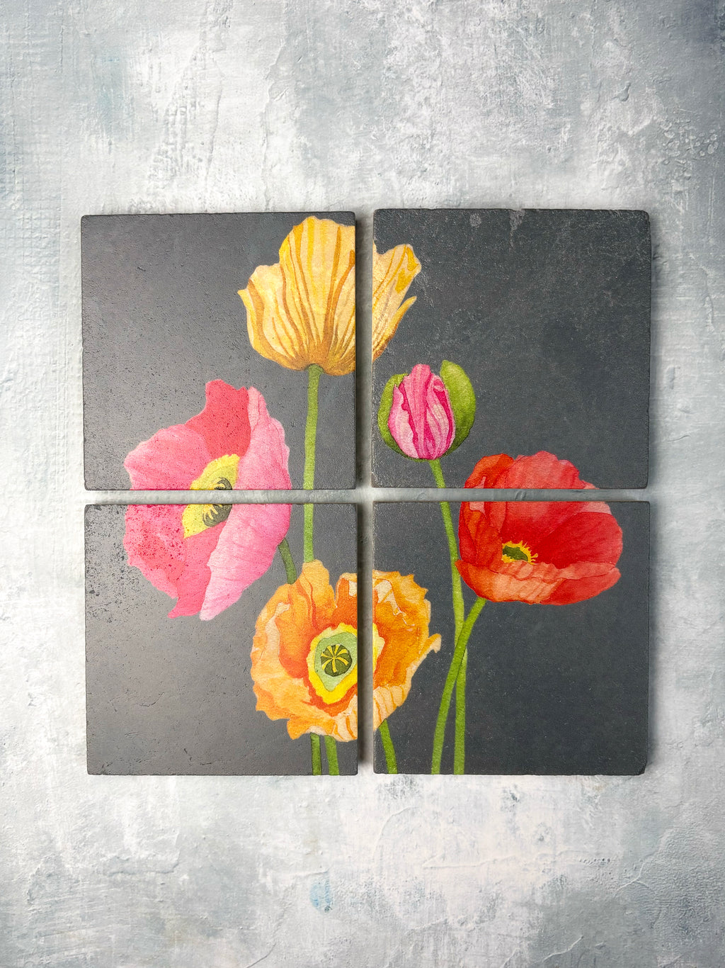Coaster Set: Mixed Poppies on Grey