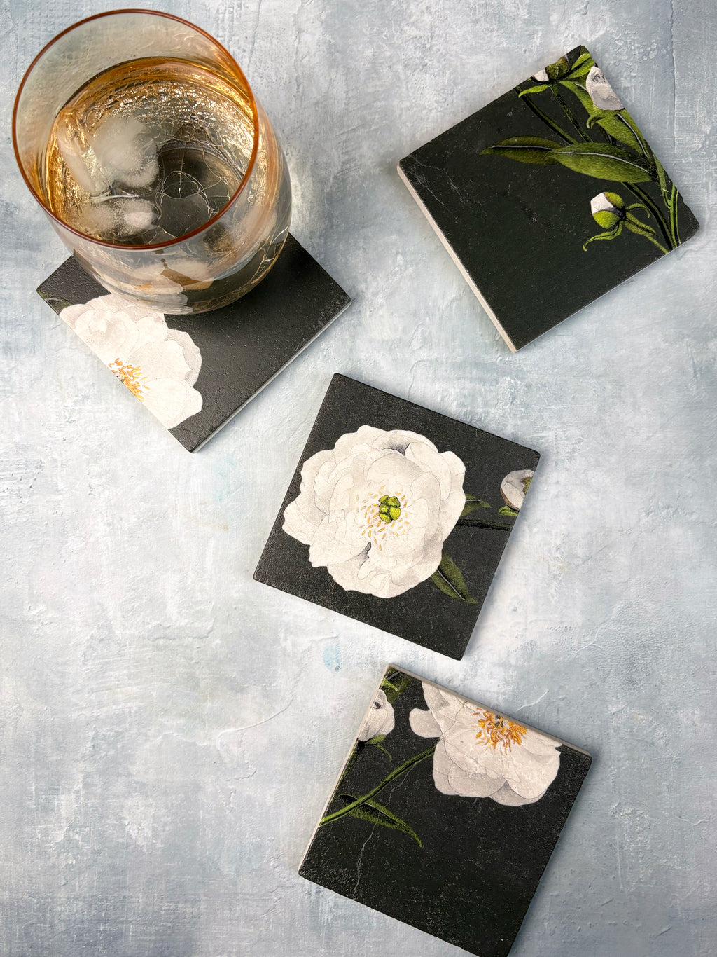Coaster Set: White Peonies on Olive