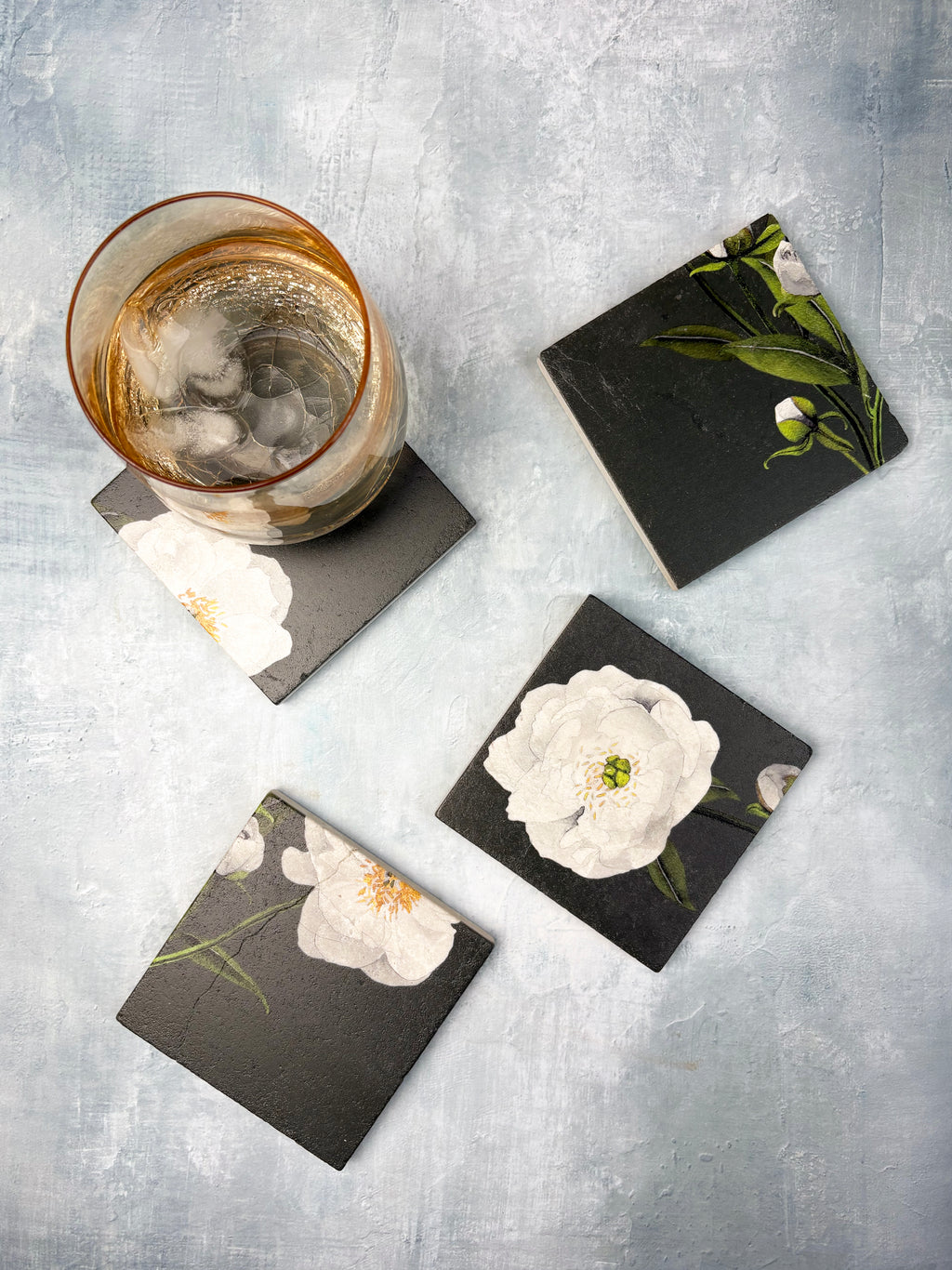 Coaster Set: White Peonies on Olive