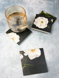 Coaster Set: White Peonies on Olive