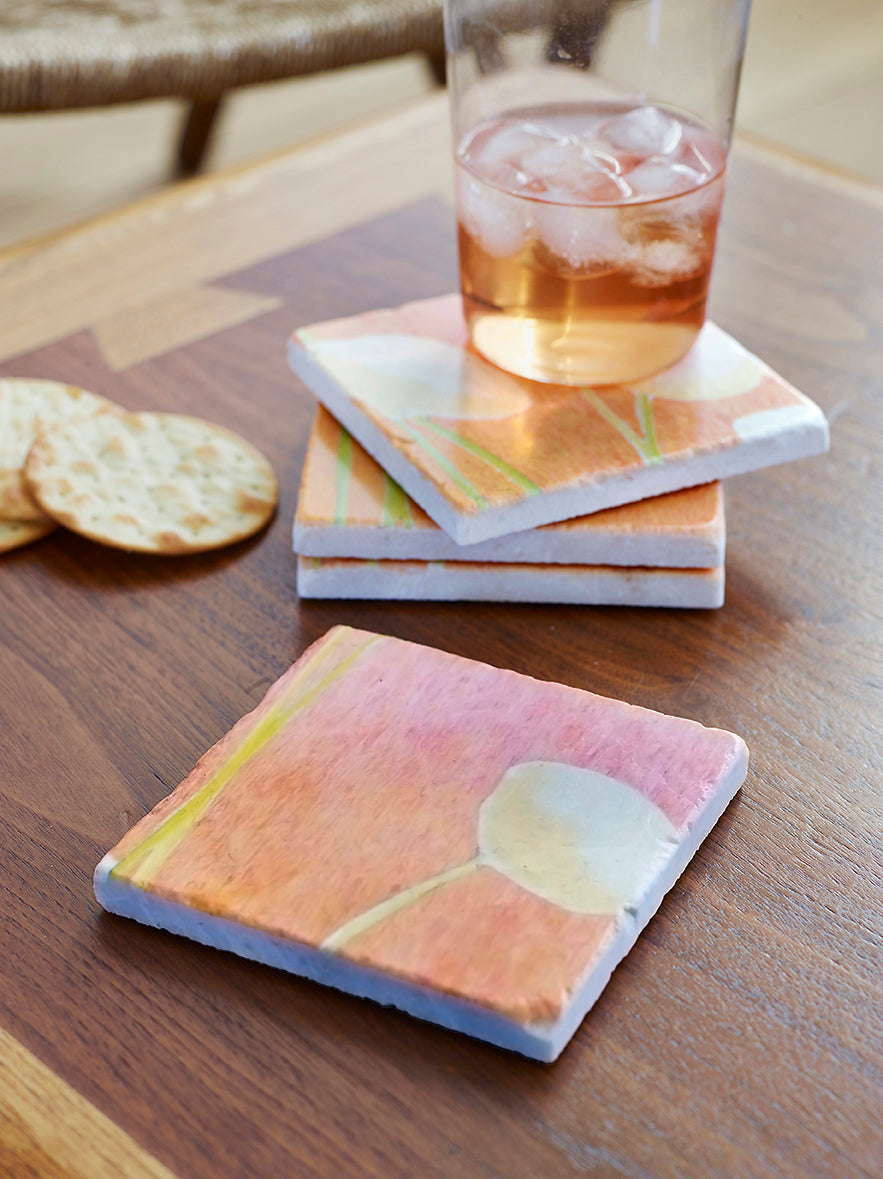 Coaster Set: Cream Flowers on Orange