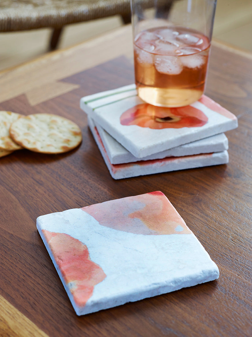 Coaster Set: Peach Poppies on Snow
