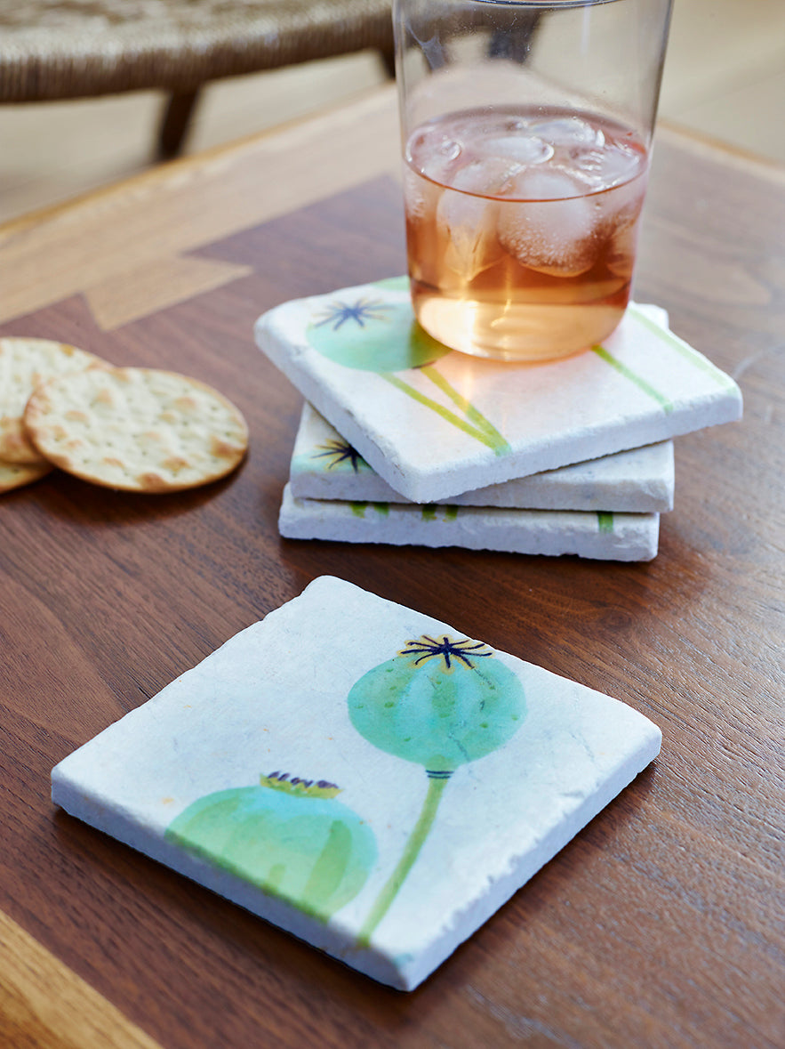 Coaster Set: Poppy Pods on Ecru