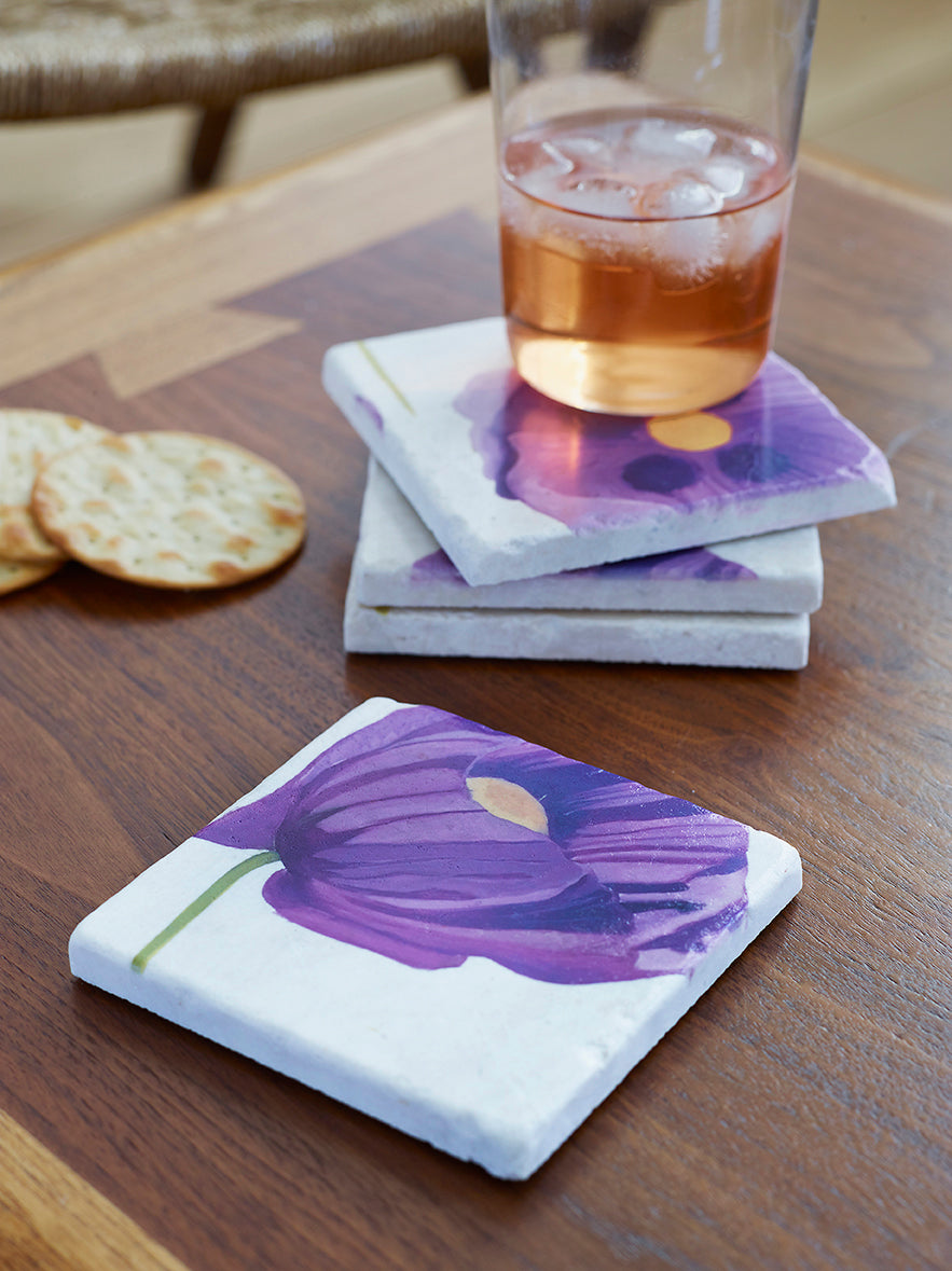 Coaster Set: Purple Poppies on Snow