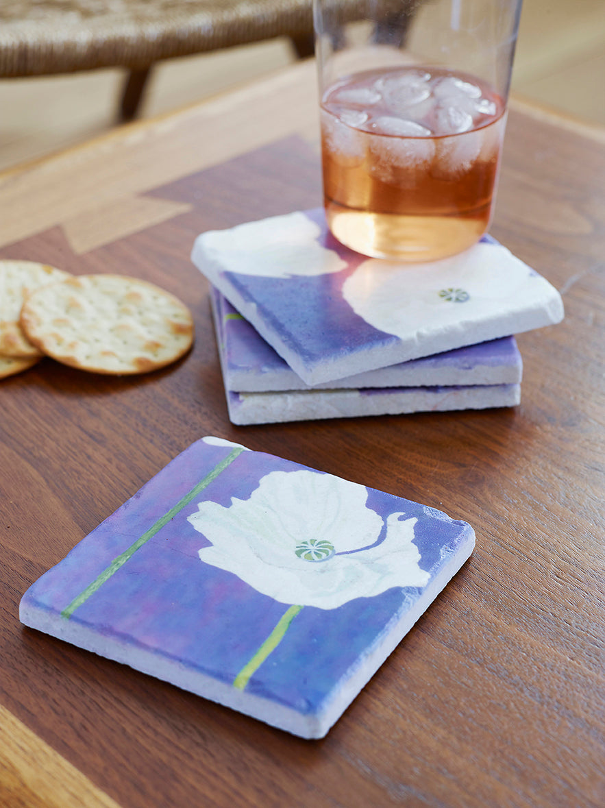 Coaster Set: White Poppies on Violet