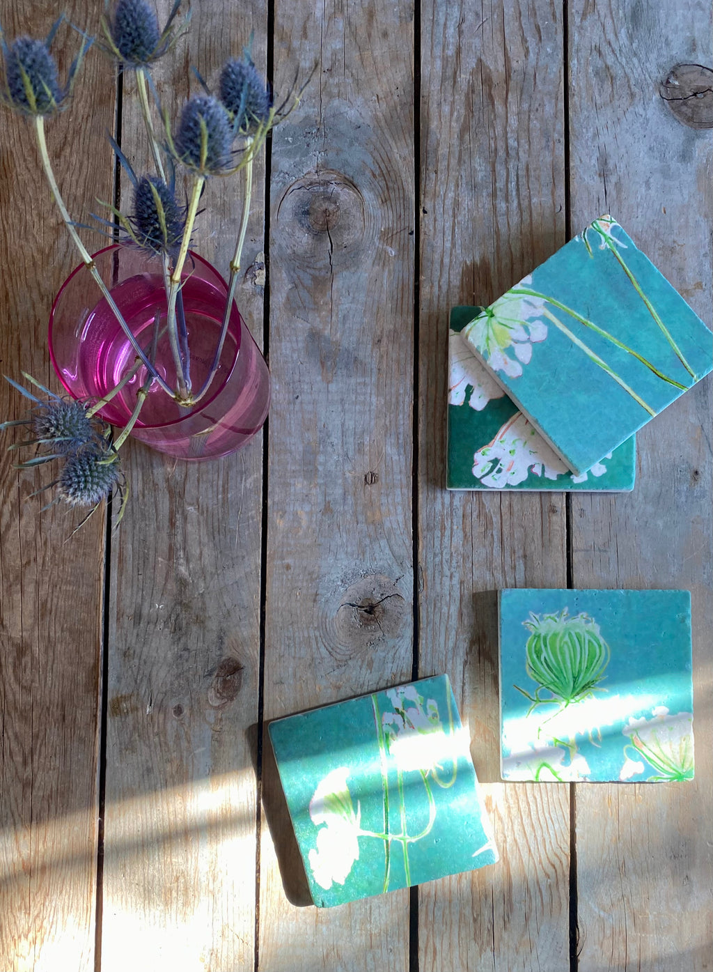 Coaster Set: Queen Anne's Lace on Teal