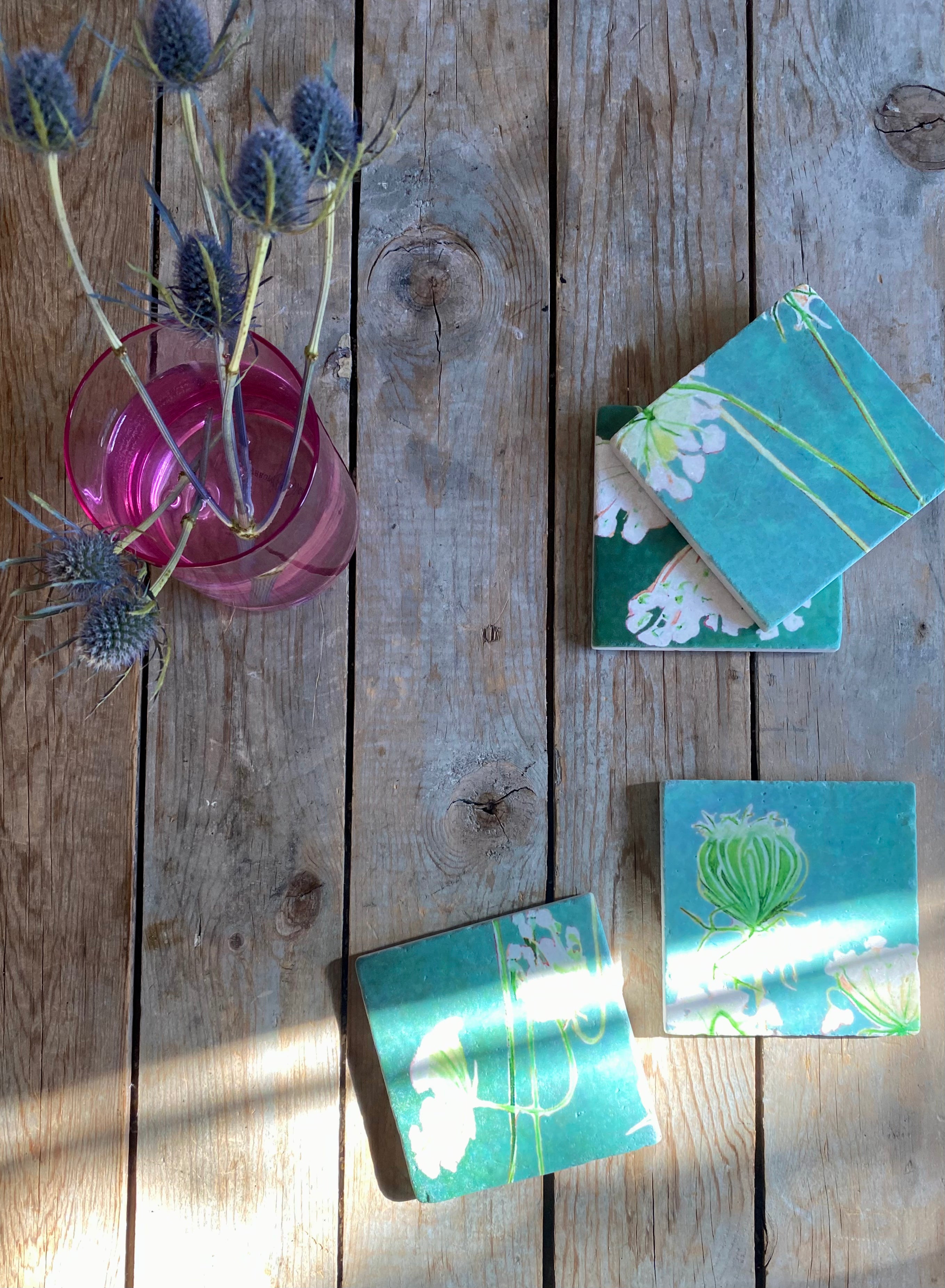 Coaster Set: Queen Anne's Lace on Teal