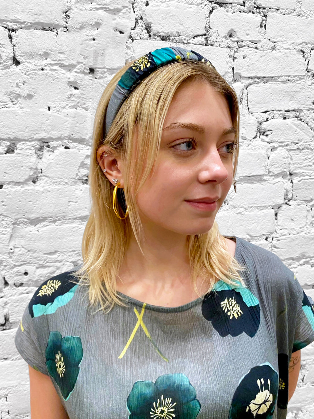 Headband:  Green Winter Rose on Grey