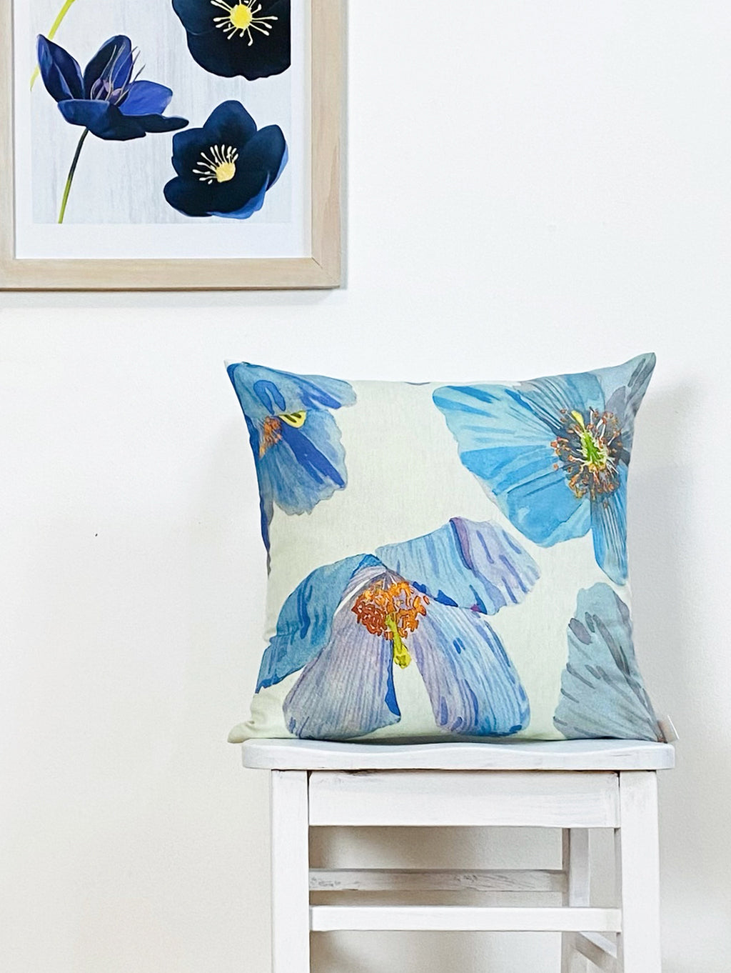Throw Pillow: Himalayan Blue Poppies on Ecru