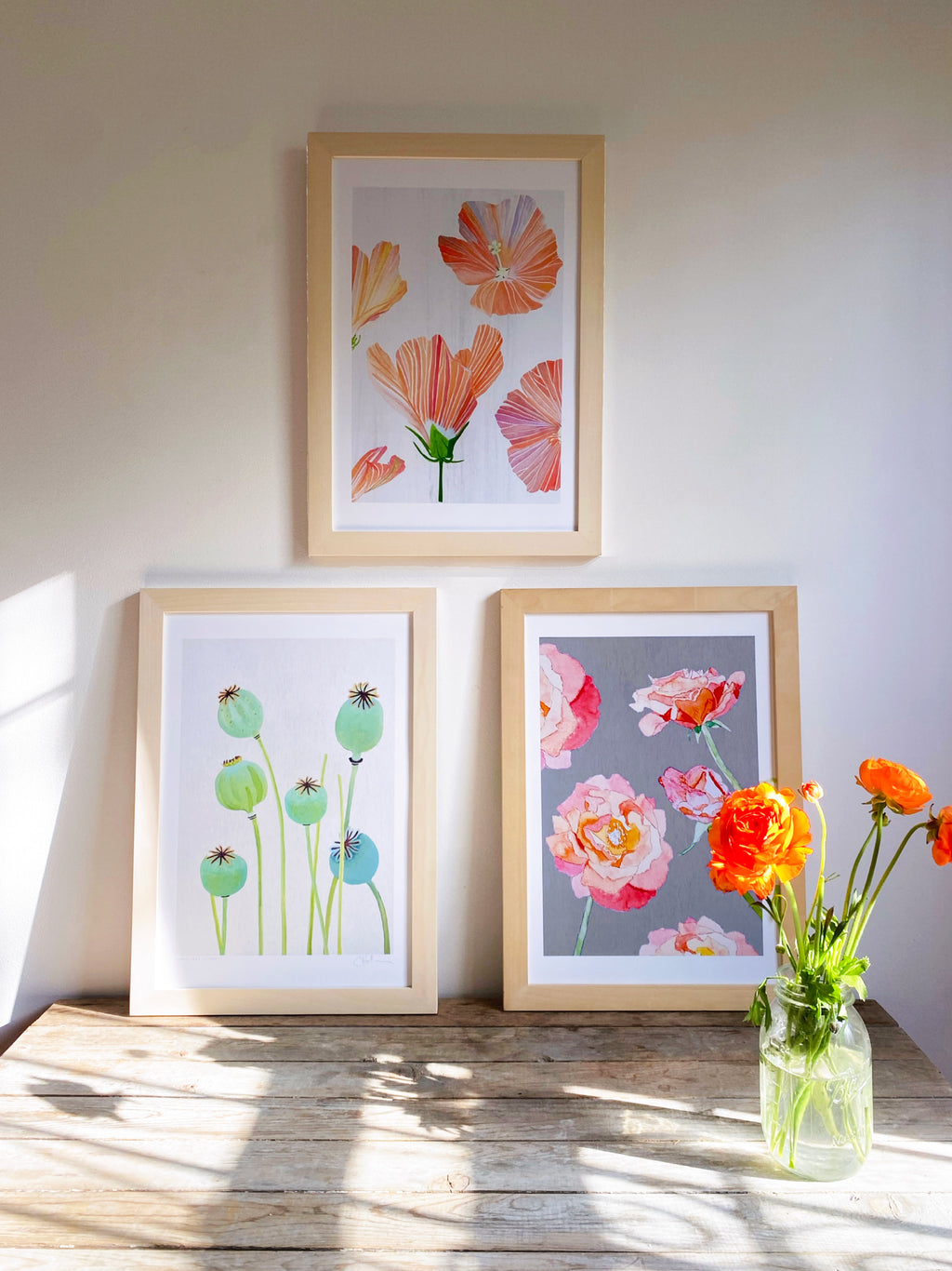 Art Print:  Peach Roses on Grey