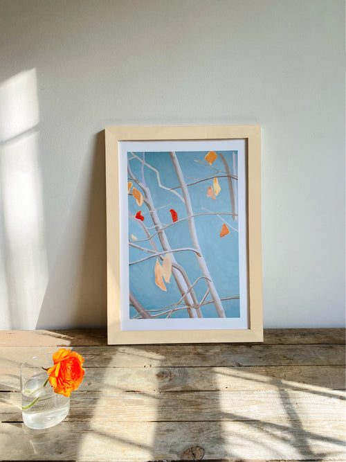 Art Print:  Tree with Orange Leaves on Blue Sky