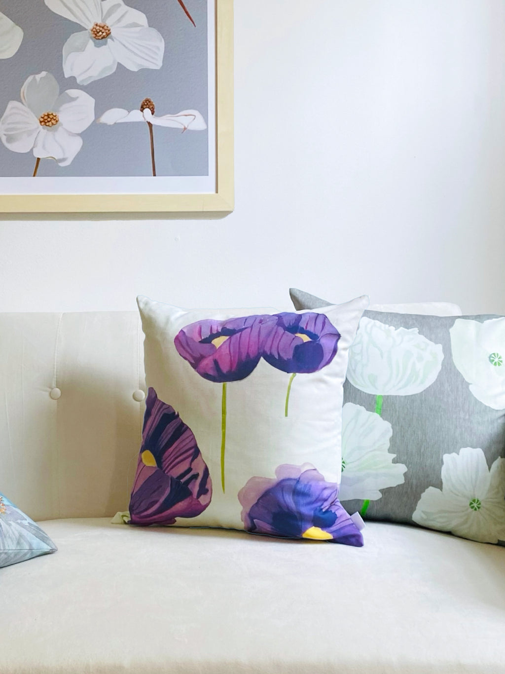 Throw Pillow: Purple Poppies on Snow