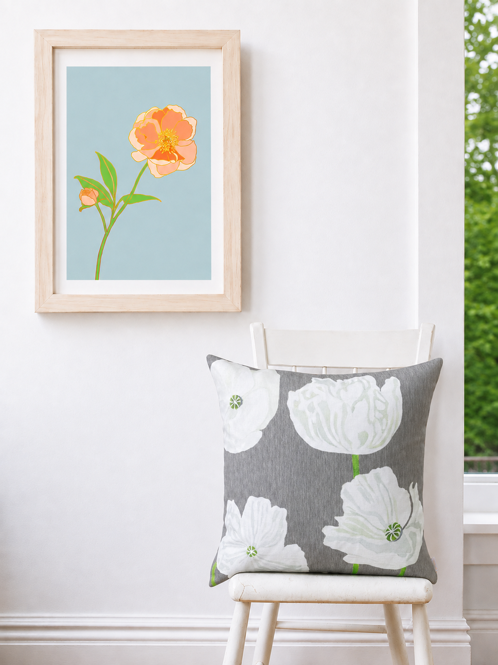 Throw Pillow: White Poppies on Grey