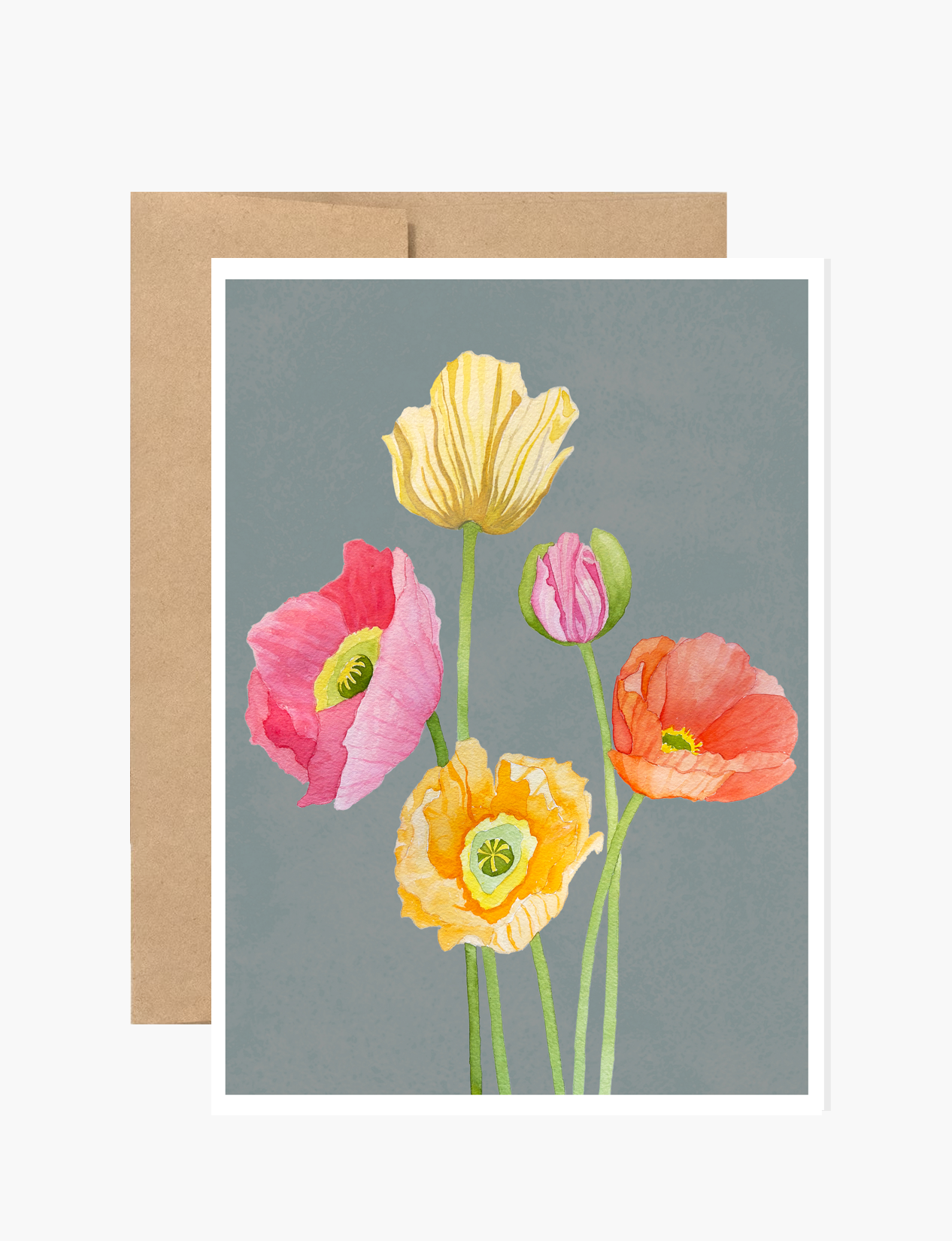 Notecard:  Mixed Poppies on Grey