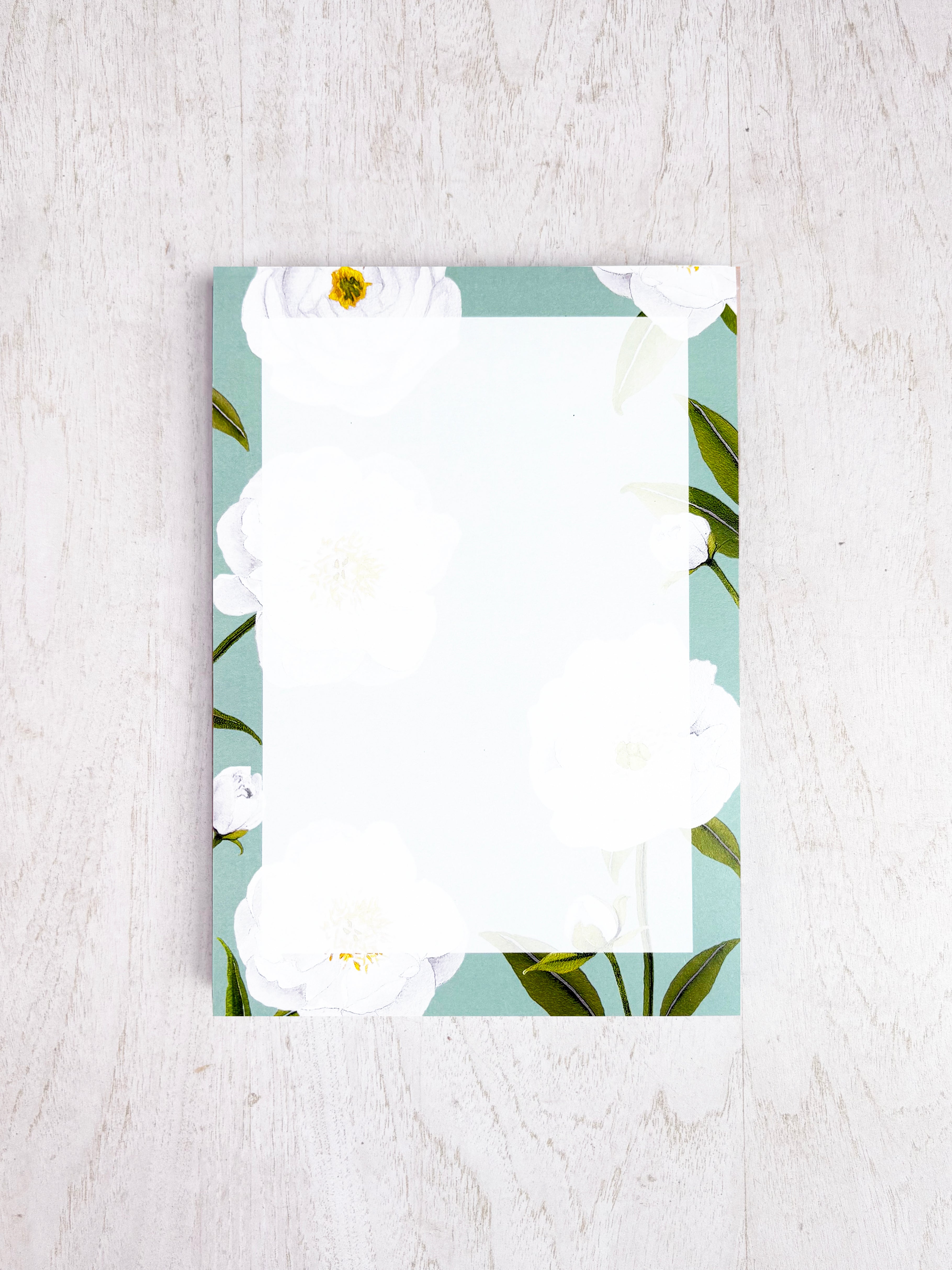 Notepad:  White Peonies on Pale Green