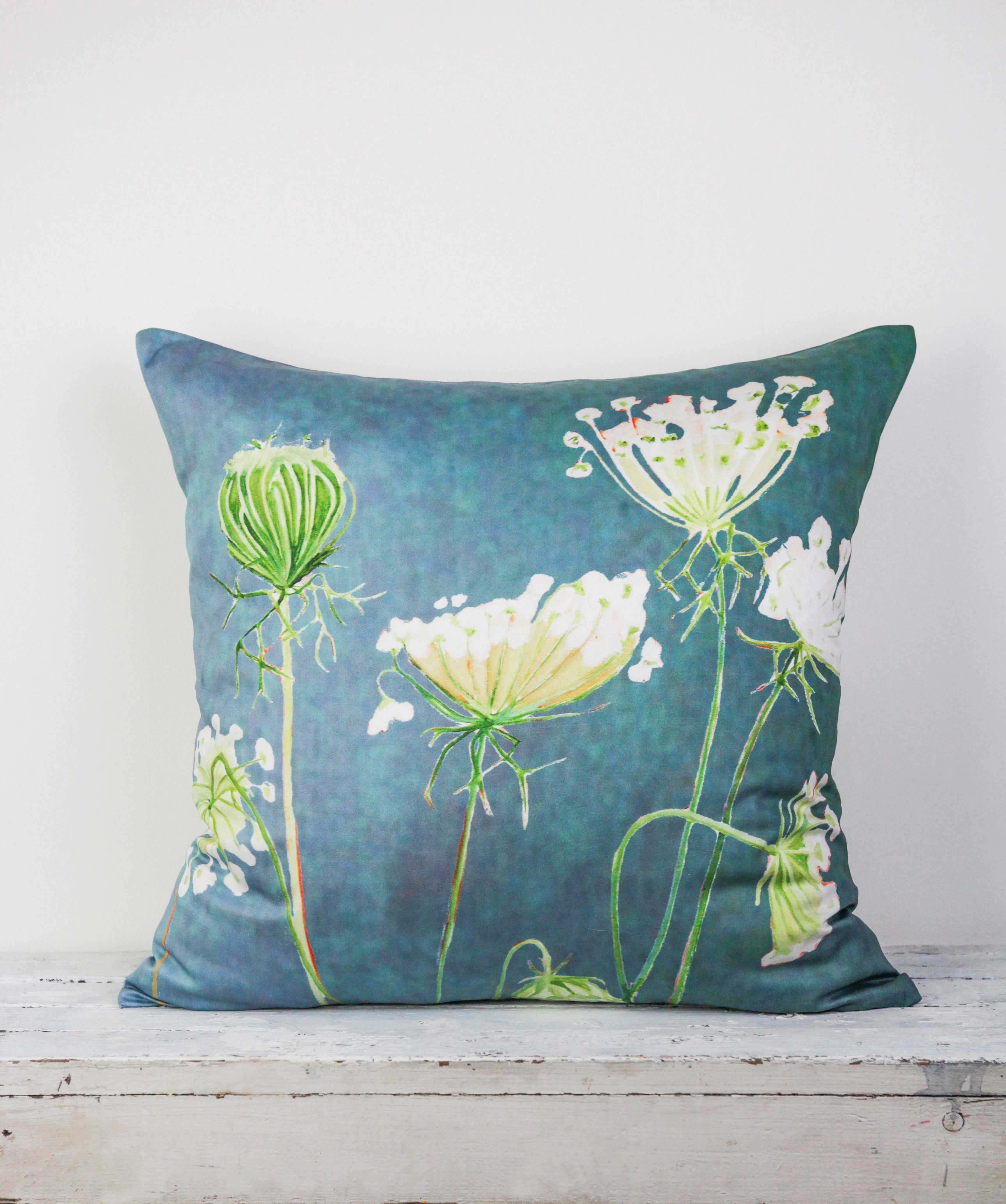 Cotton Sateen Throw Pillow: Queen Anne's Lace on Teal