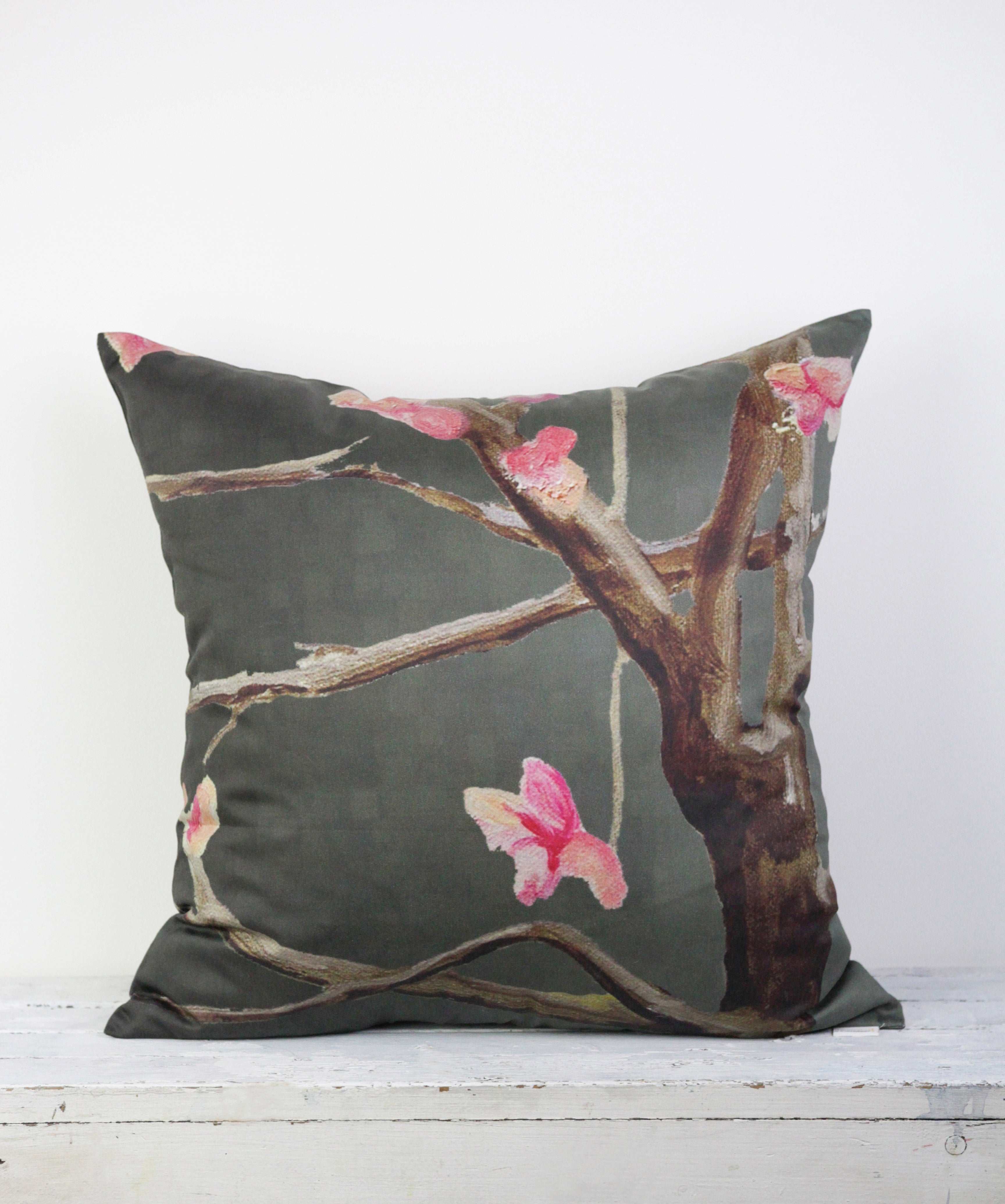 Cotton Sateen Throw Pillow: Tree with Pink Flowers