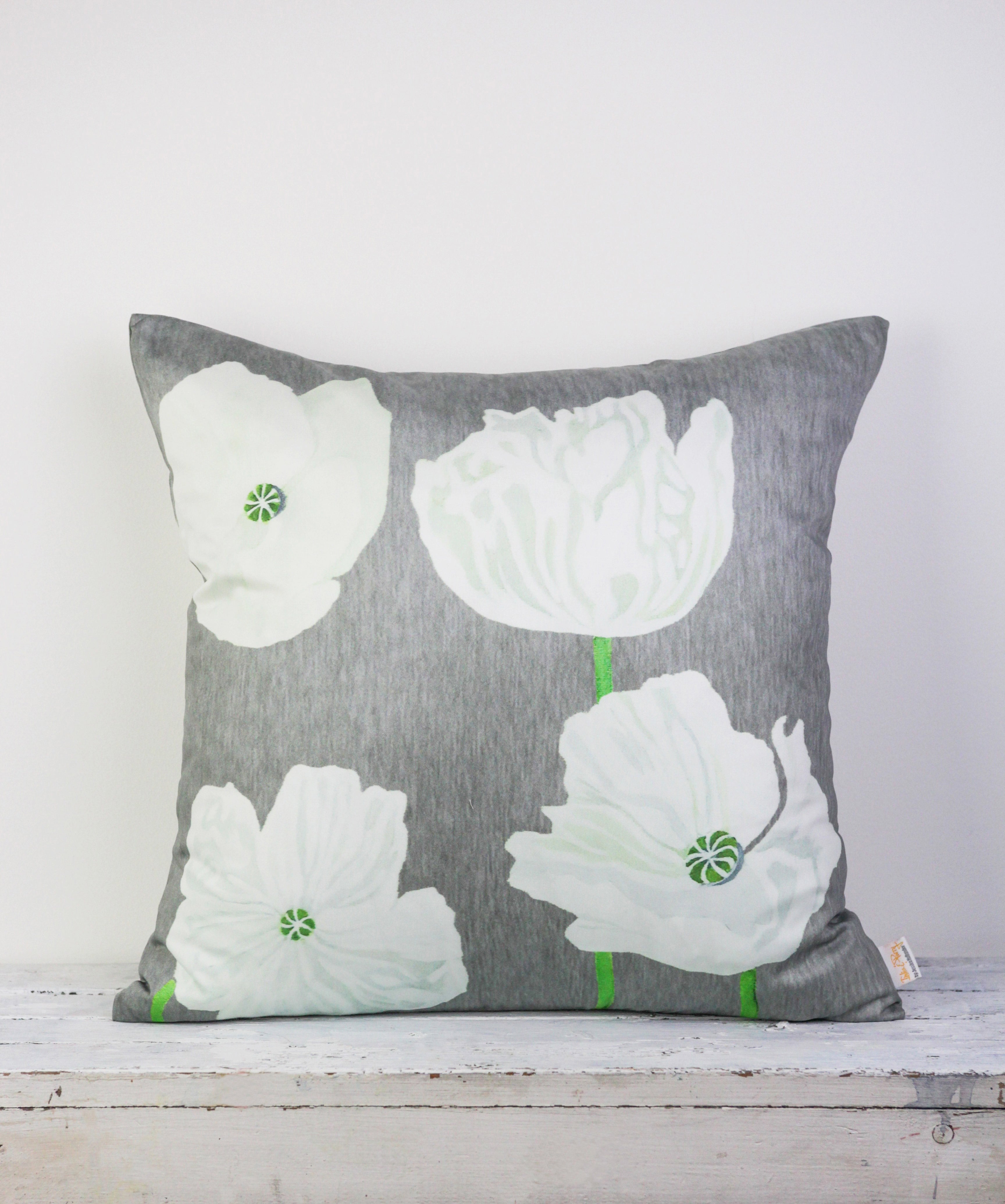 Cotton Sateen Throw Pillow: White Poppies on Grey