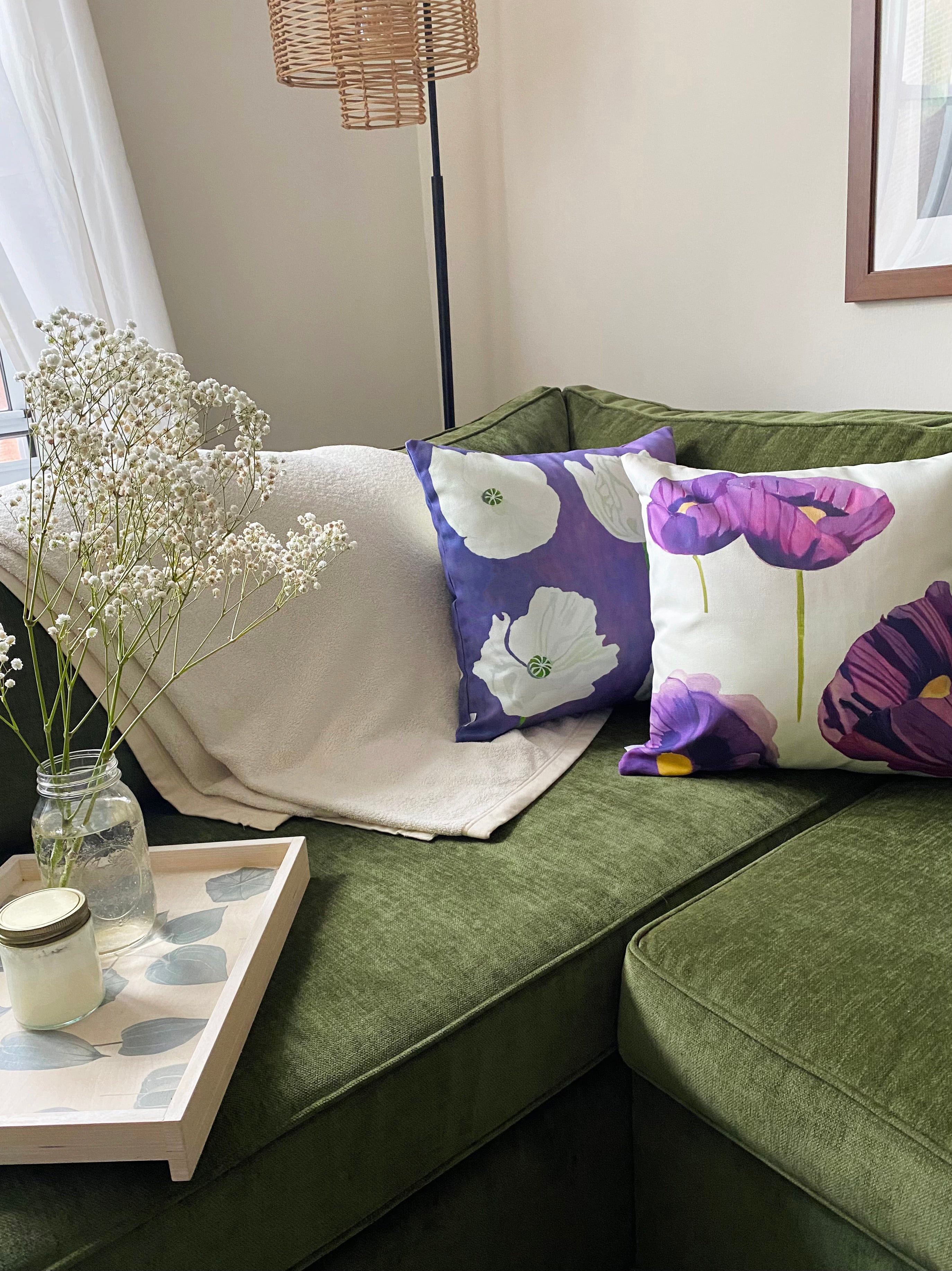 Throw Pillow: White Poppies on Violet
