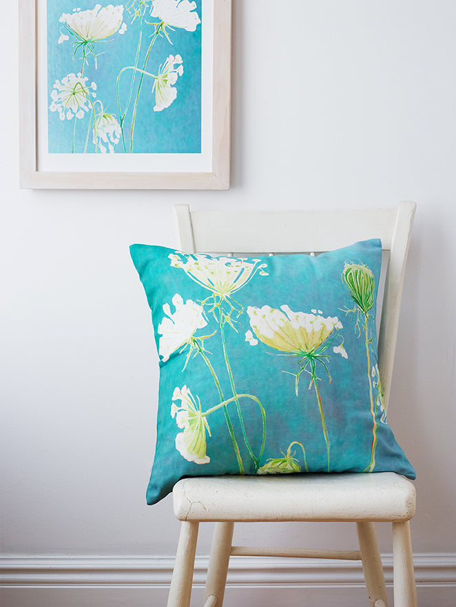 Throw Pillow: Queen Anne's Lace on Teal