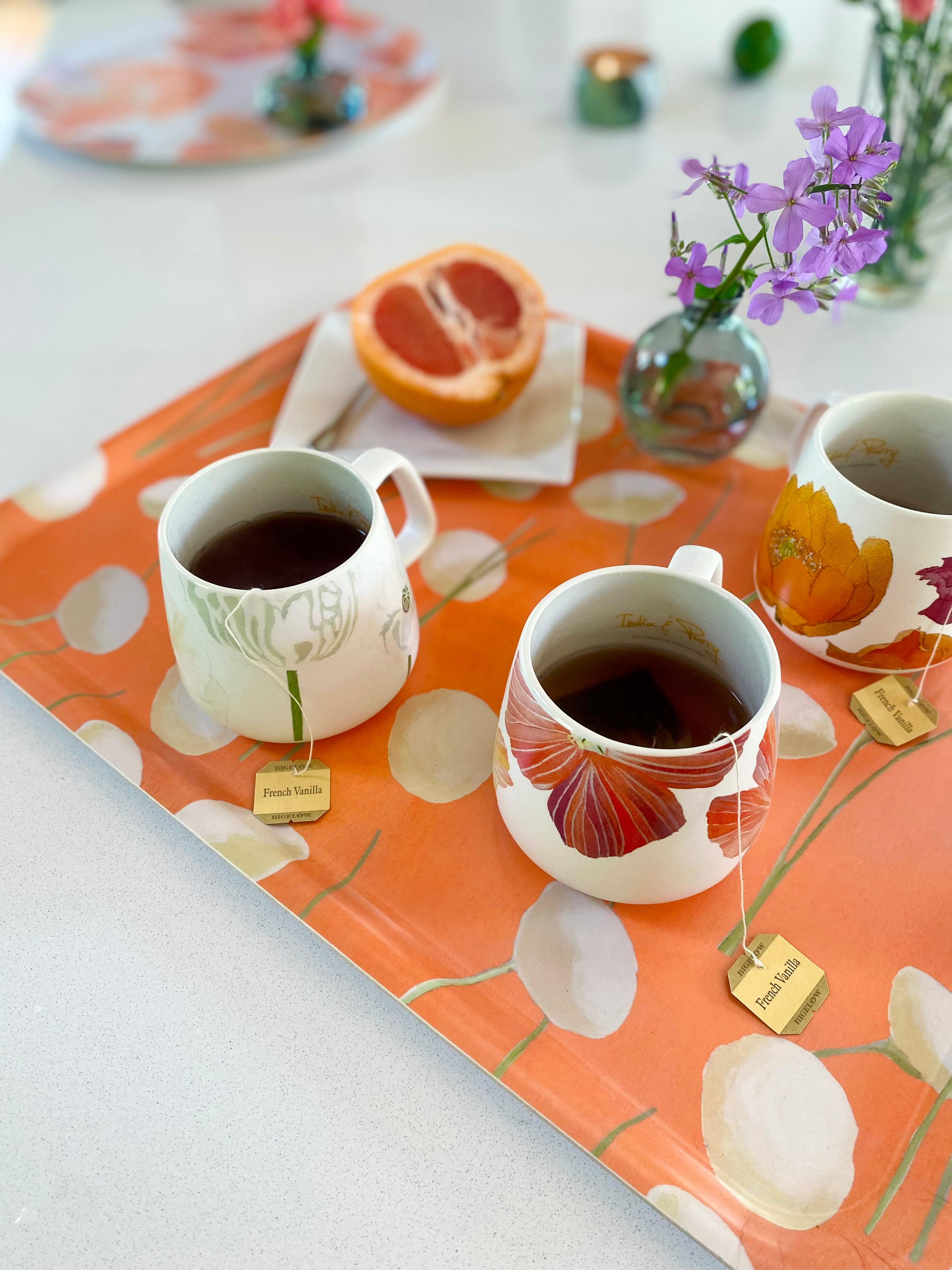Swedish Serving Tray:  Cream Flowers on Orange