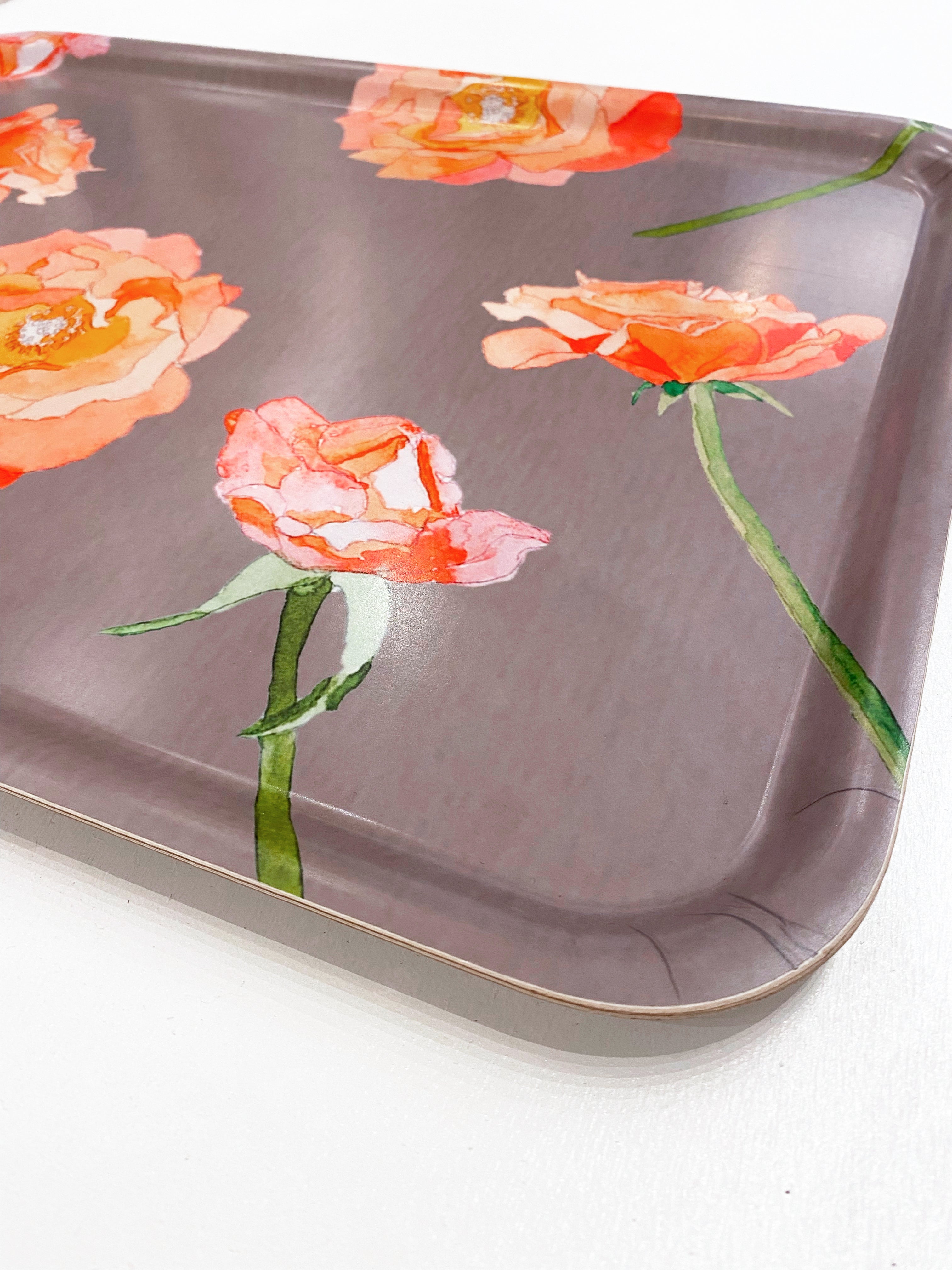 Swedish Serving Tray:  Peach Roses on Grey