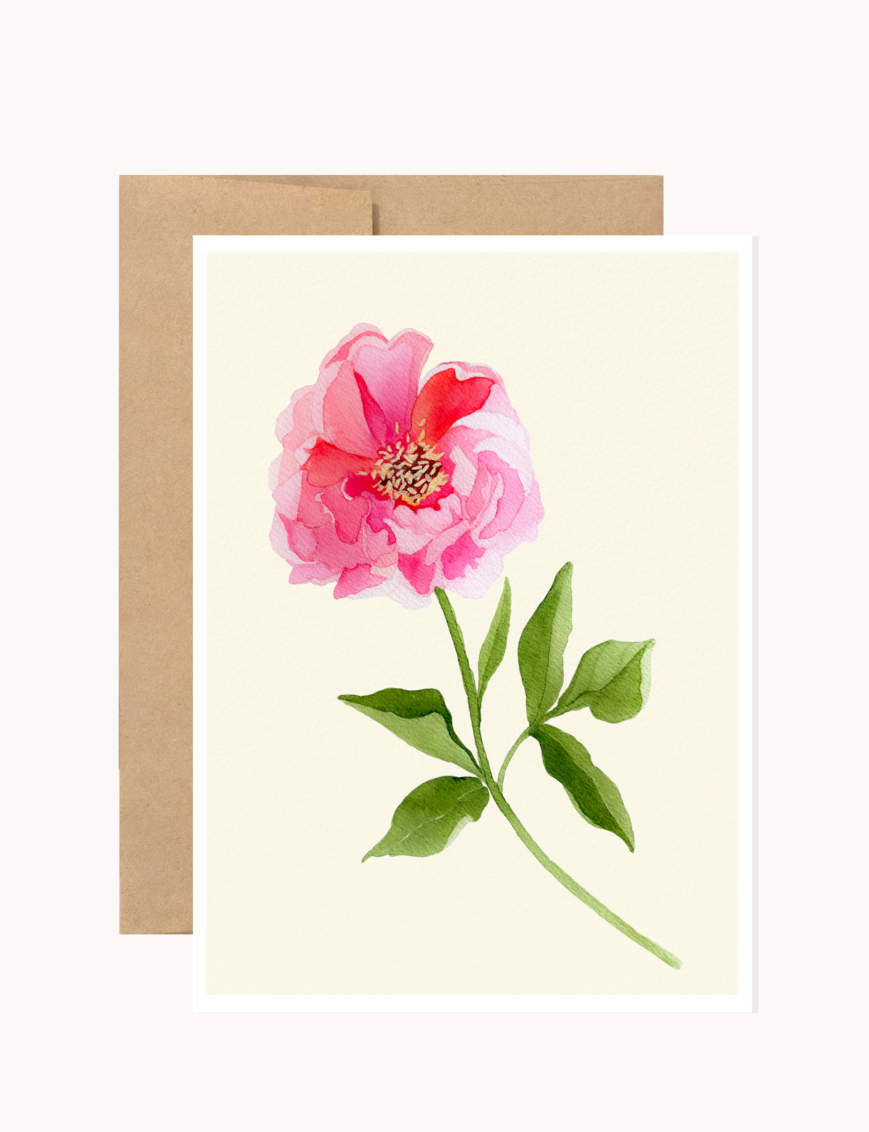 Notecard:  Single Pink Peony on Cream
