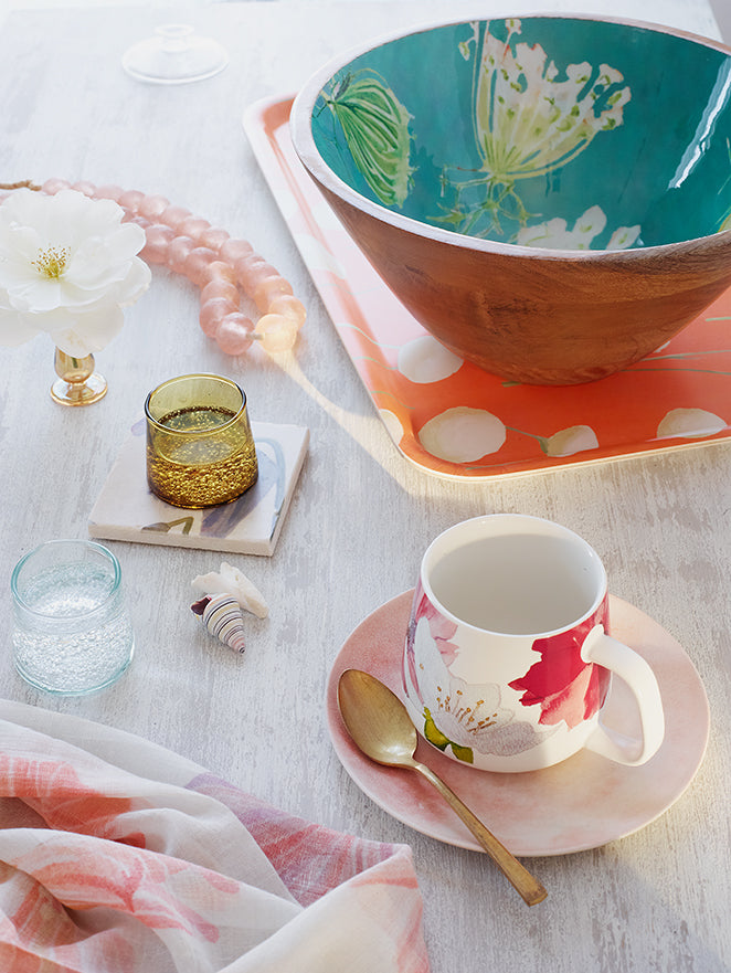 Swedish Serving Tray:  Cream Flowers on Orange