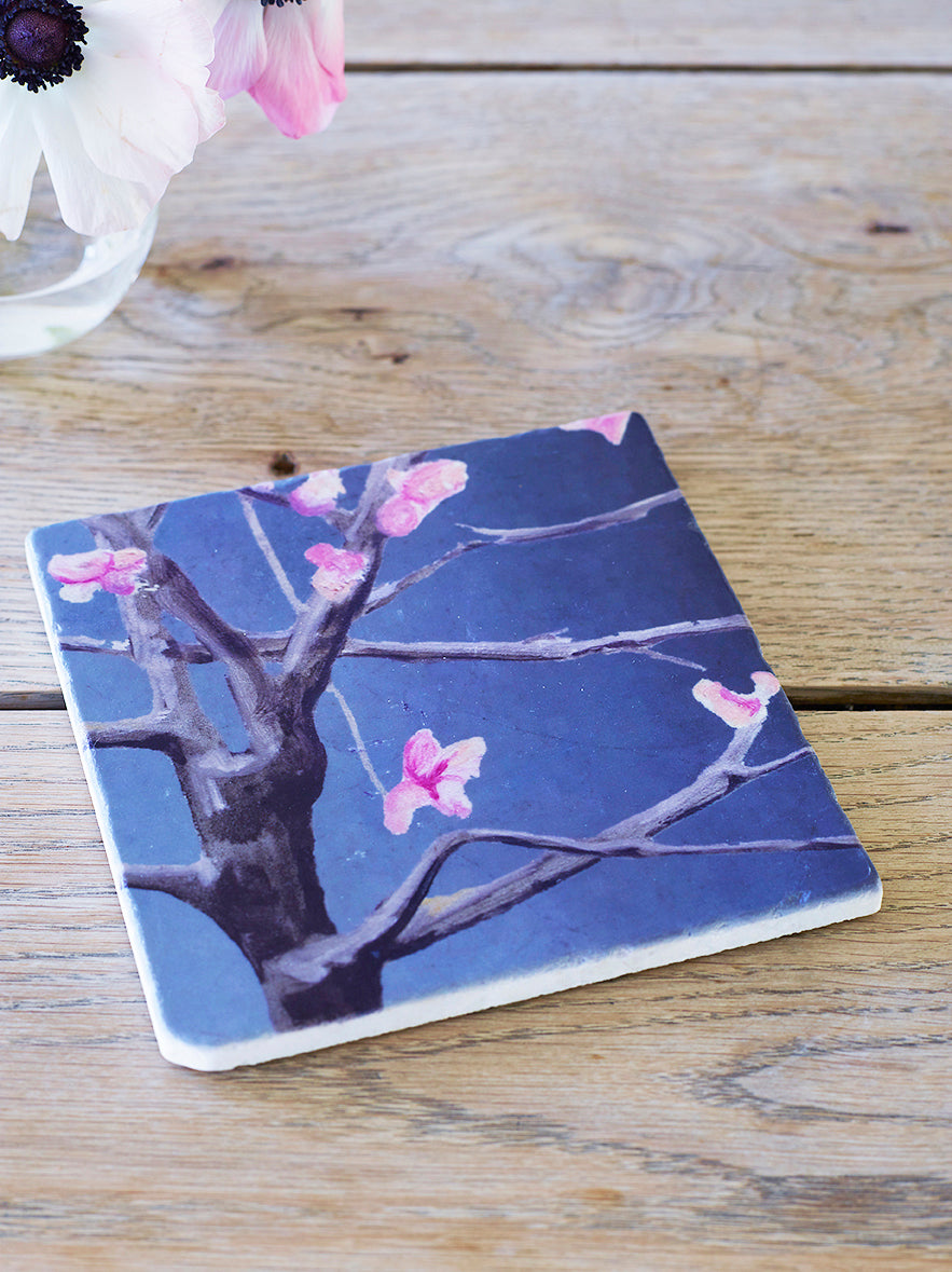 Trivet: Tree with Pink Flowers on Dark Grey