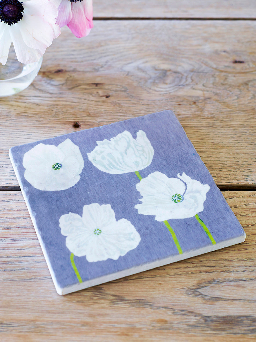 Trivet: White Poppies on Grey