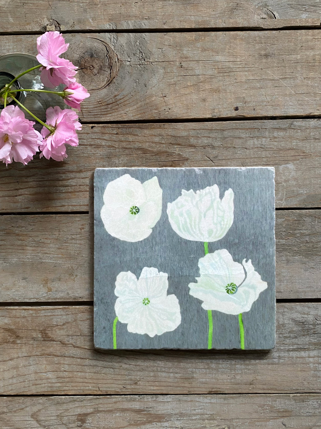 Trivet: White Poppies on Grey
