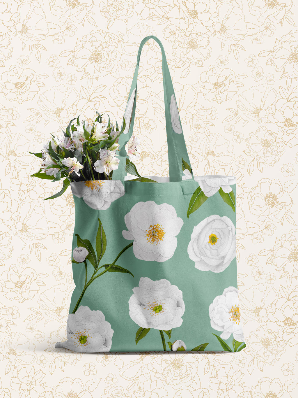 Tote Bag: White Peonies on Green