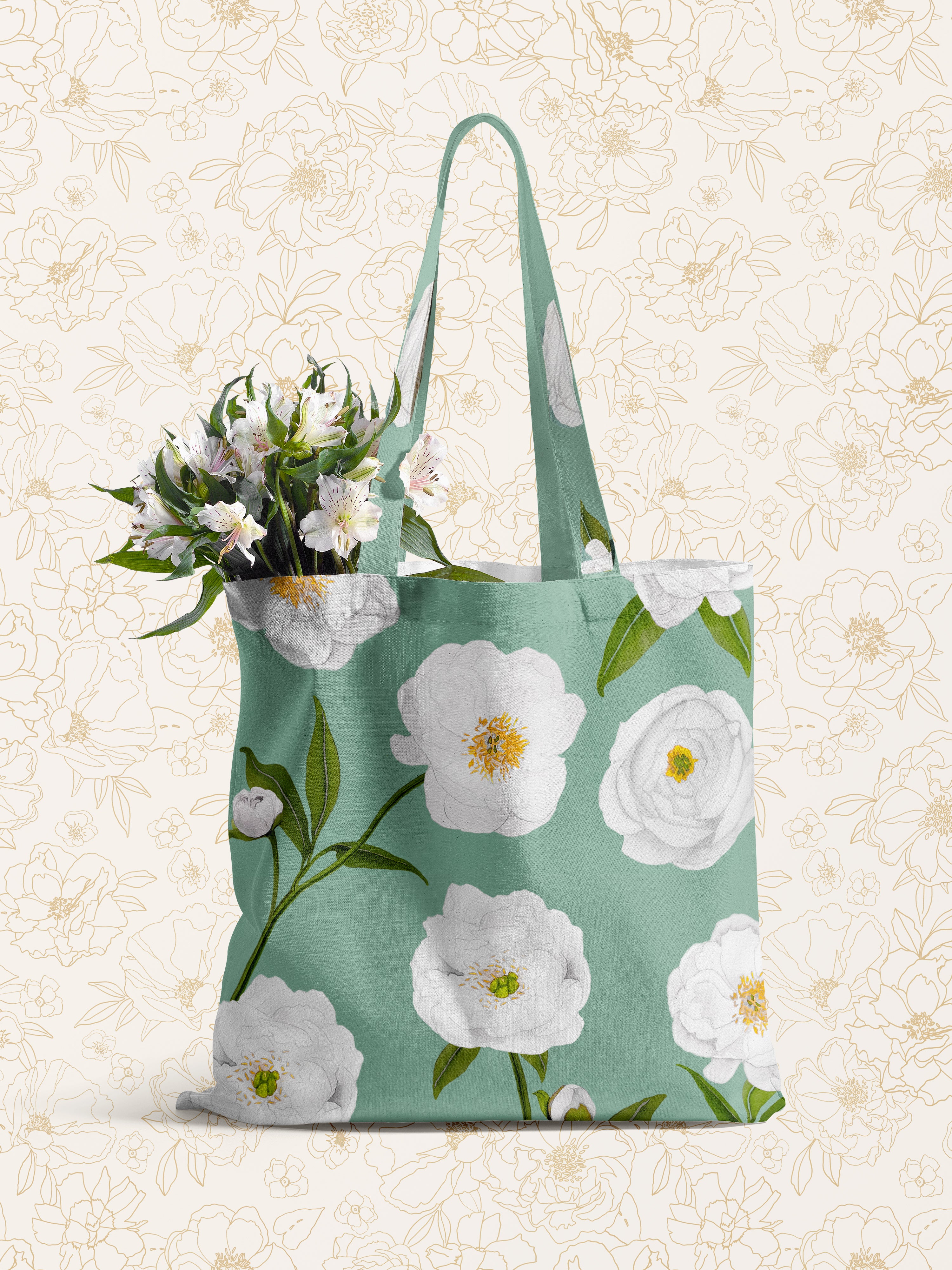 Tote Bag: White Peonies on Green